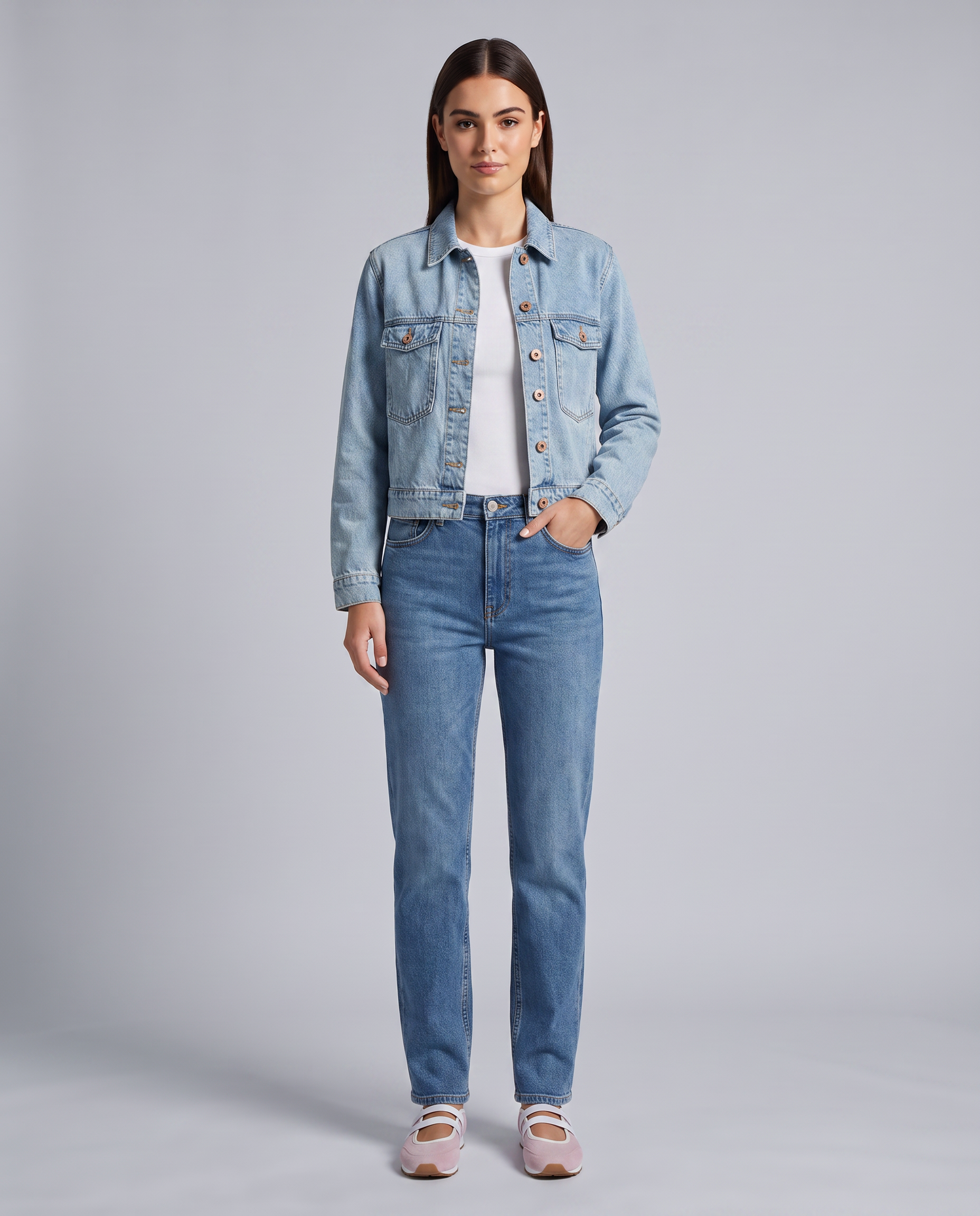 Blue Light Vintage Wash Crop Denim Jacket - front view on model