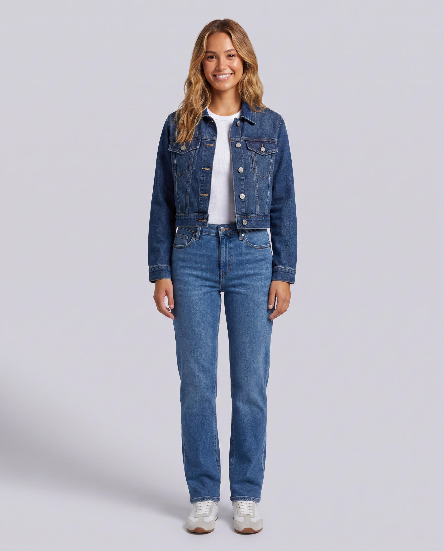 Blue Mid Wash Crop Denim Jacket - front view on model