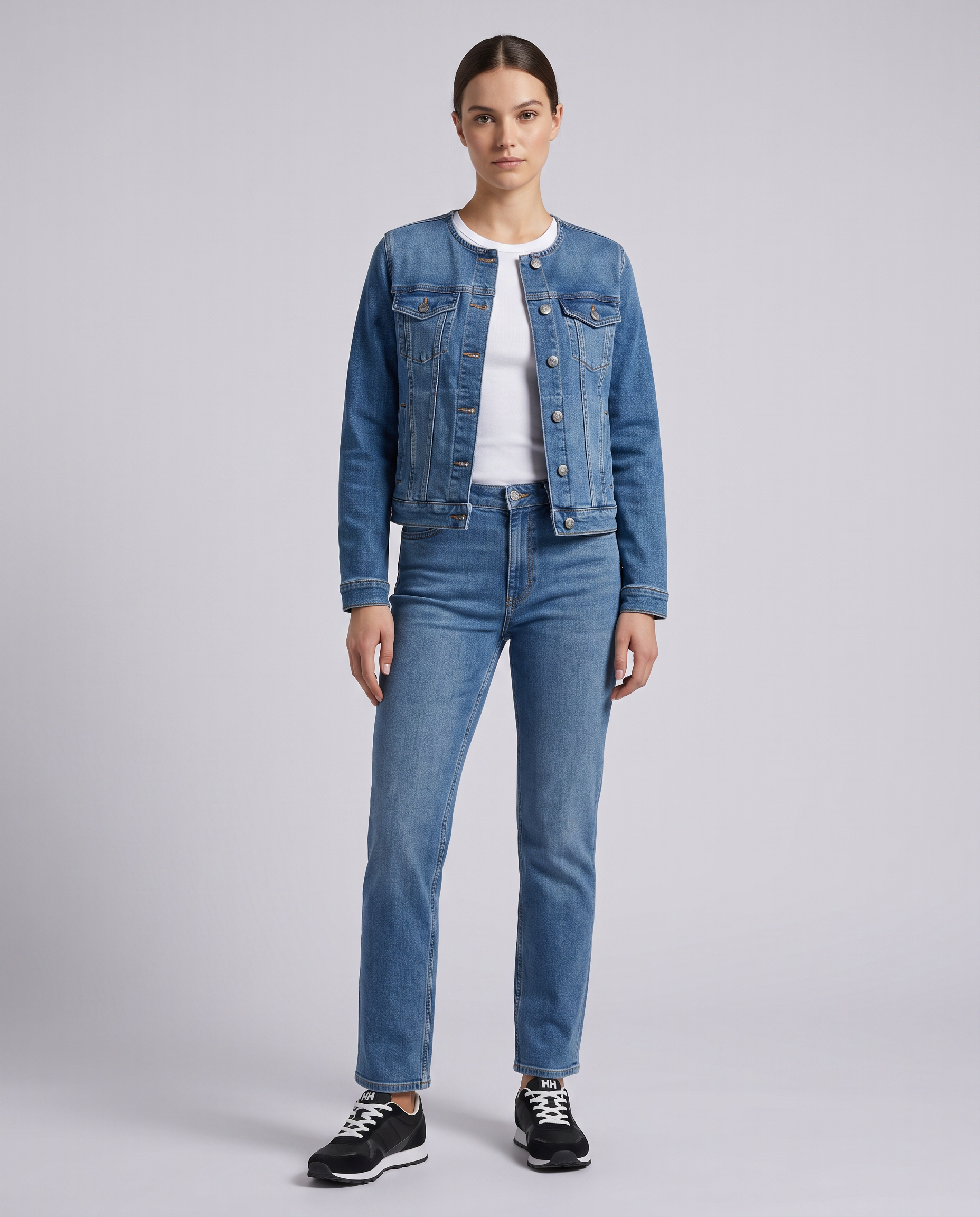 Blue Collarless Panelled Jacket - front view on model