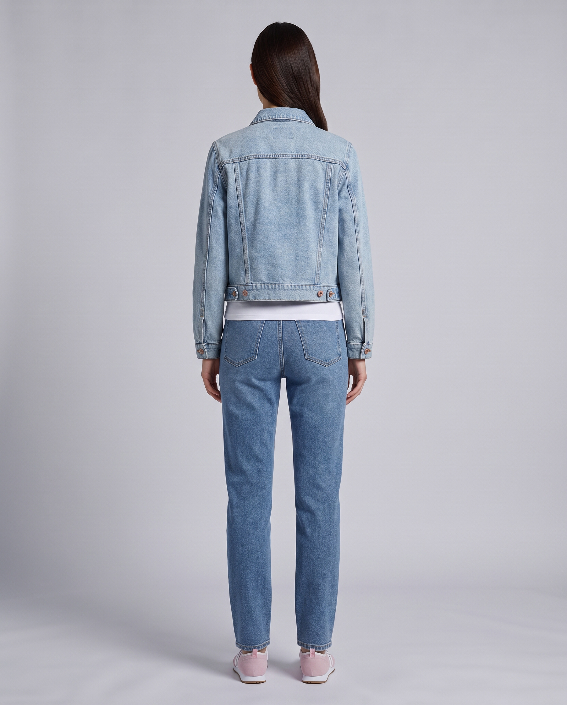 Blue Light Vintage Wash Crop Denim Jacket - front view on model