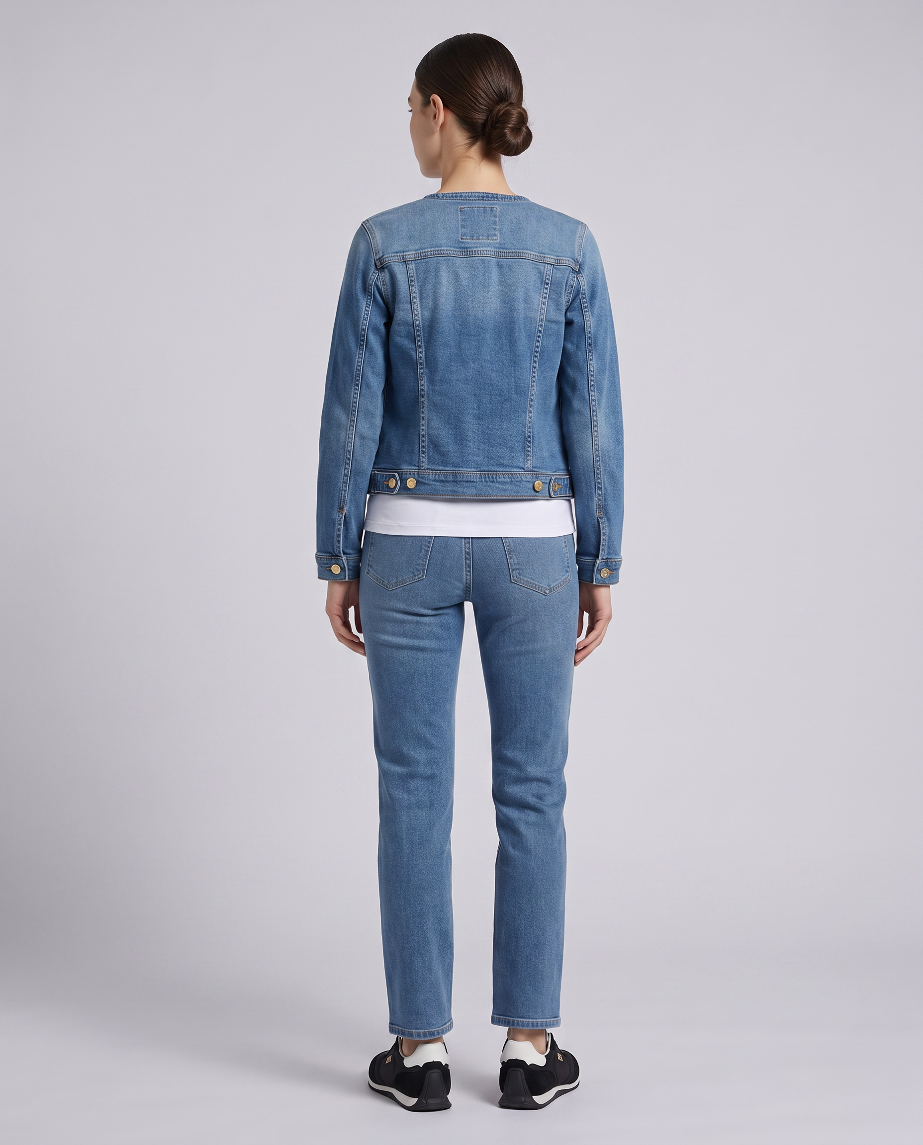 Blue Collarless Panelled Jacket - front view on model