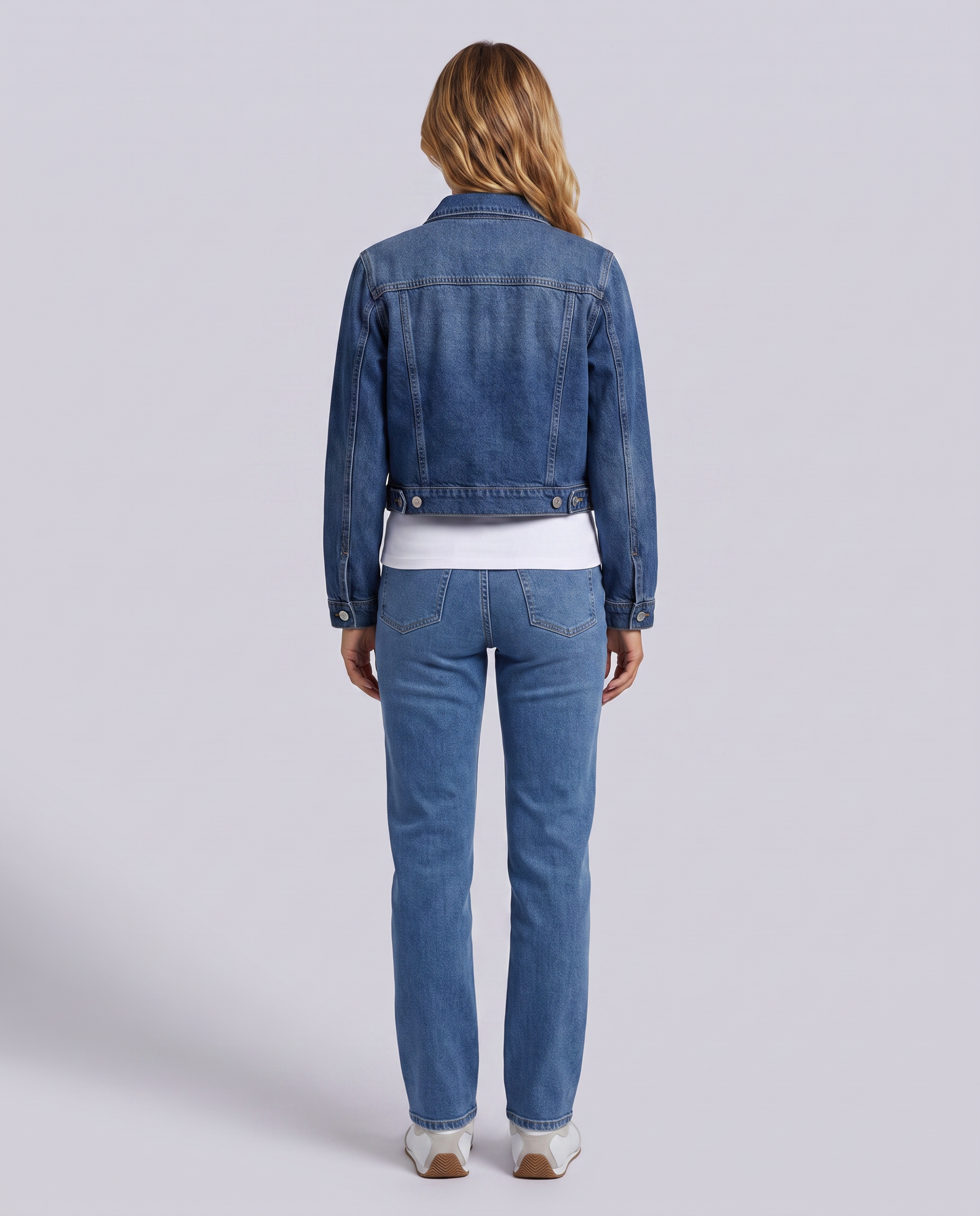 Blue Mid Wash Crop Denim Jacket - front view on model