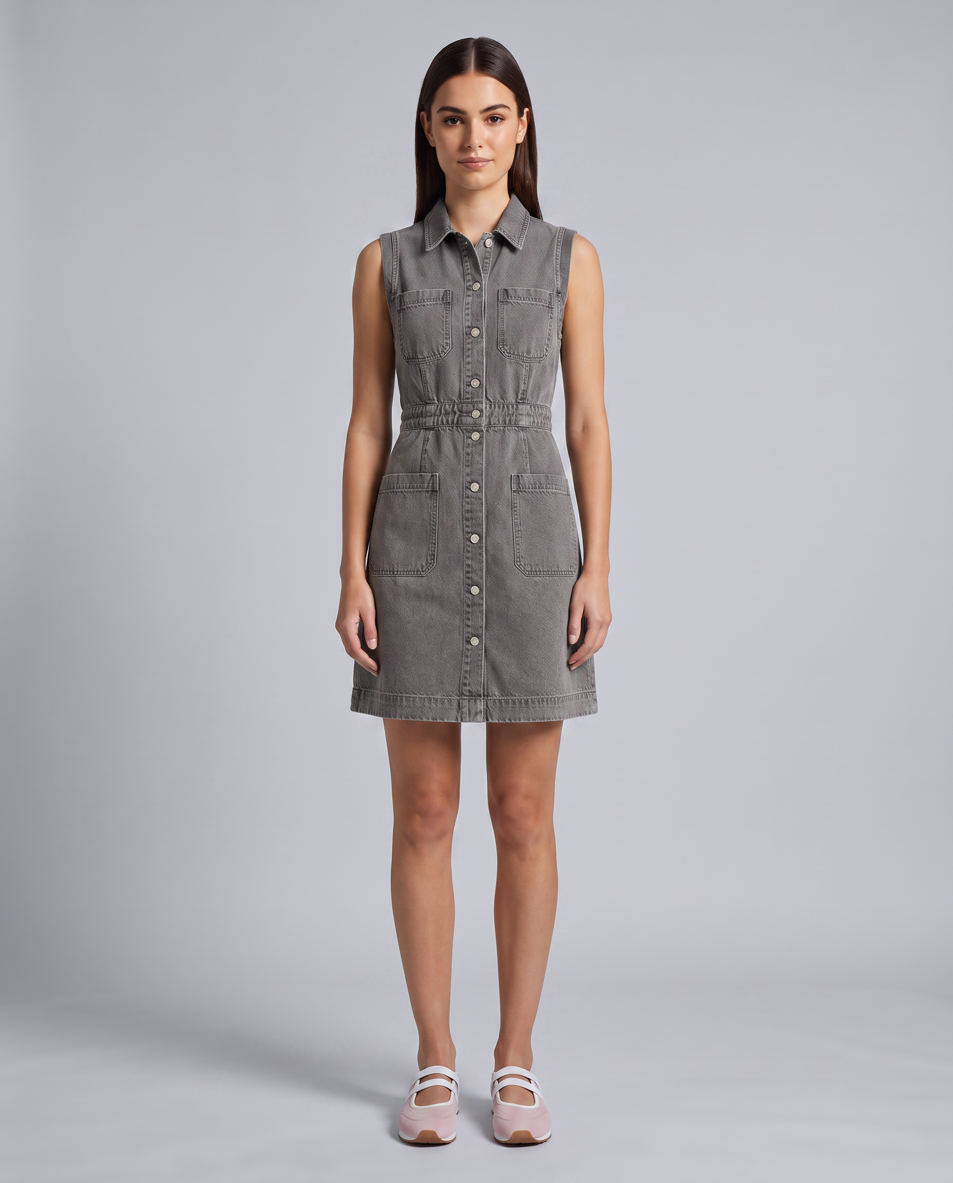 Grey Sleeveless Mini Dress - front view on model