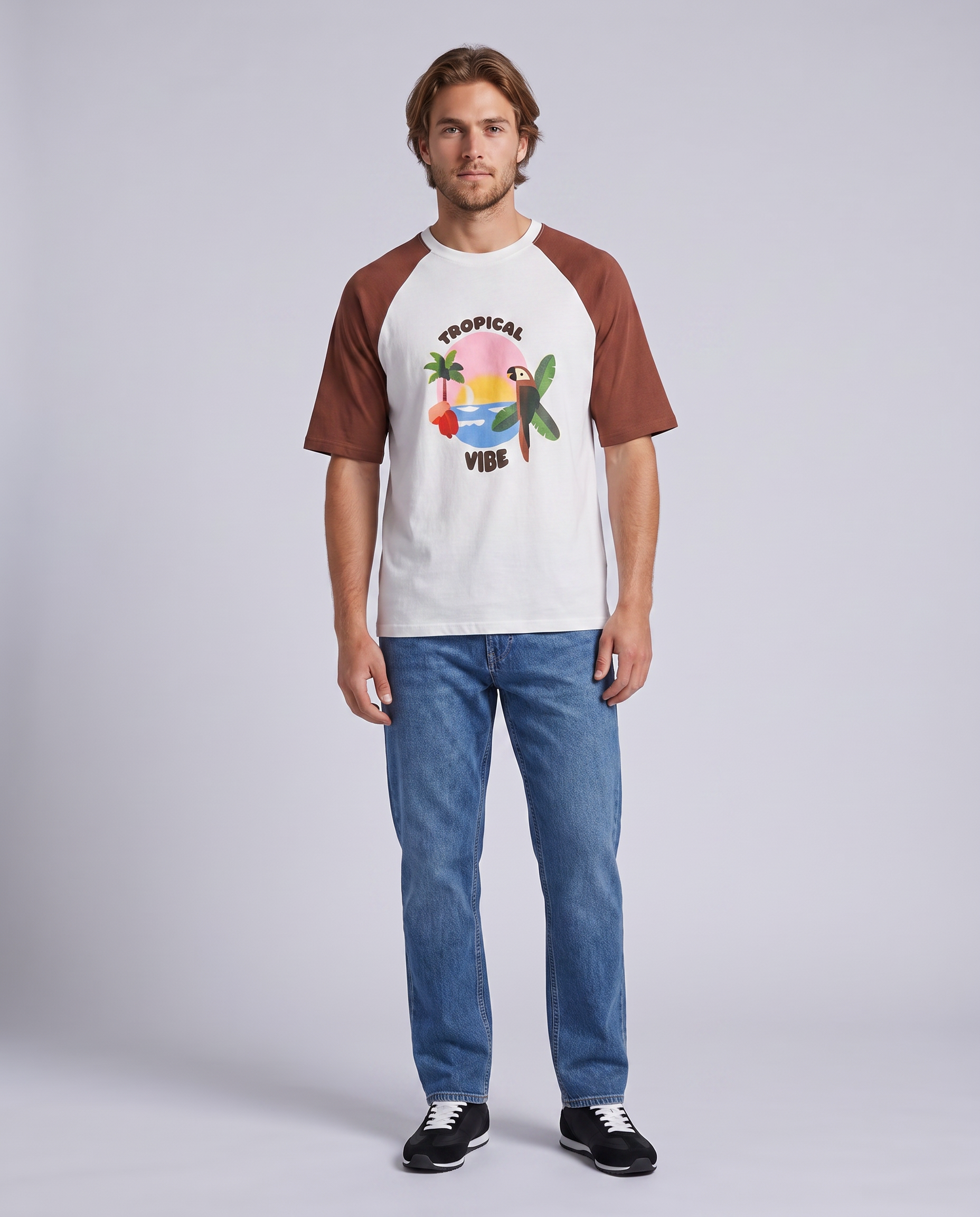 White & Reddish Brown Raglan Graphic T-Shirt - front view on model