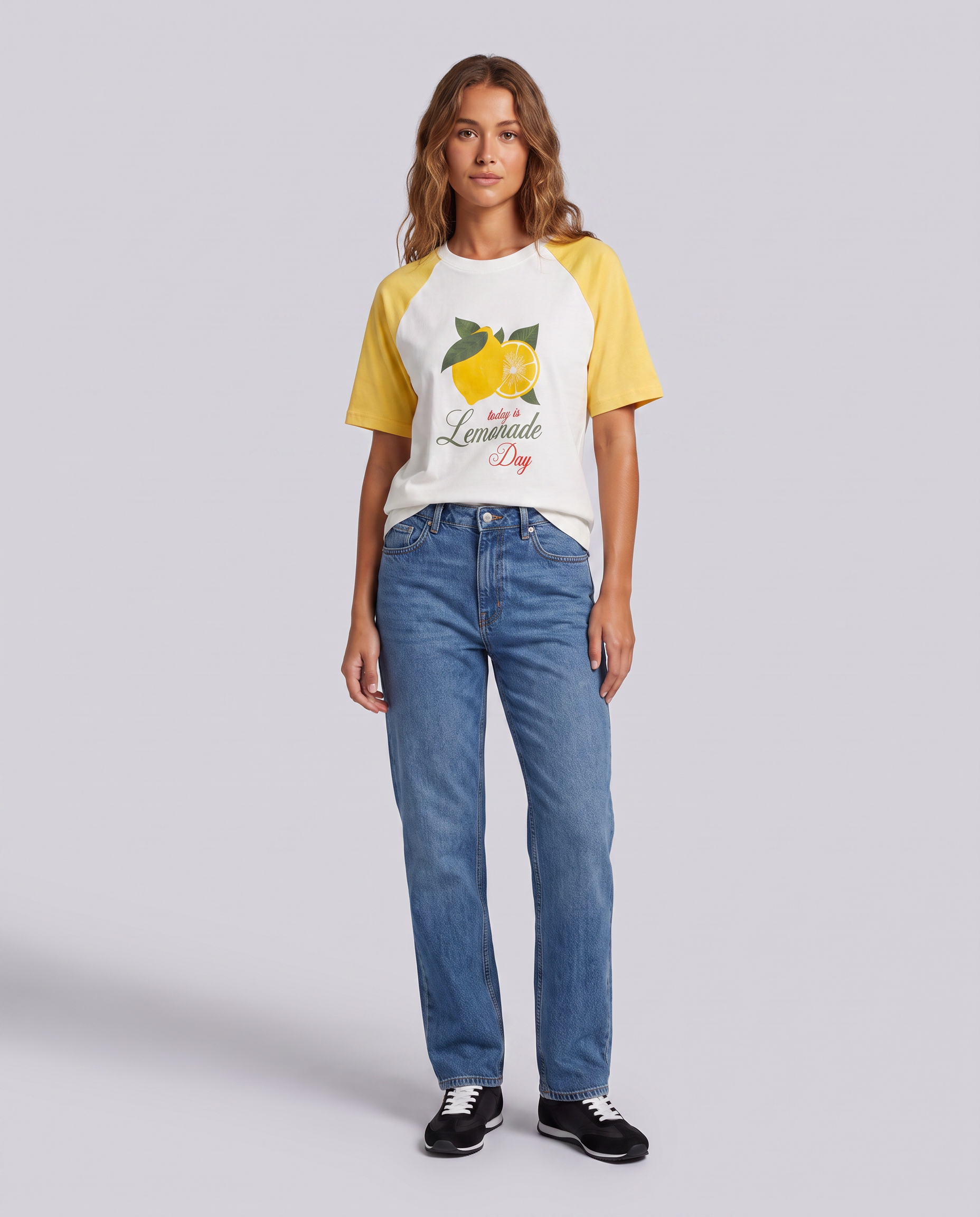 White & Yellow Raglan Graphic T-Shirt - front view on model