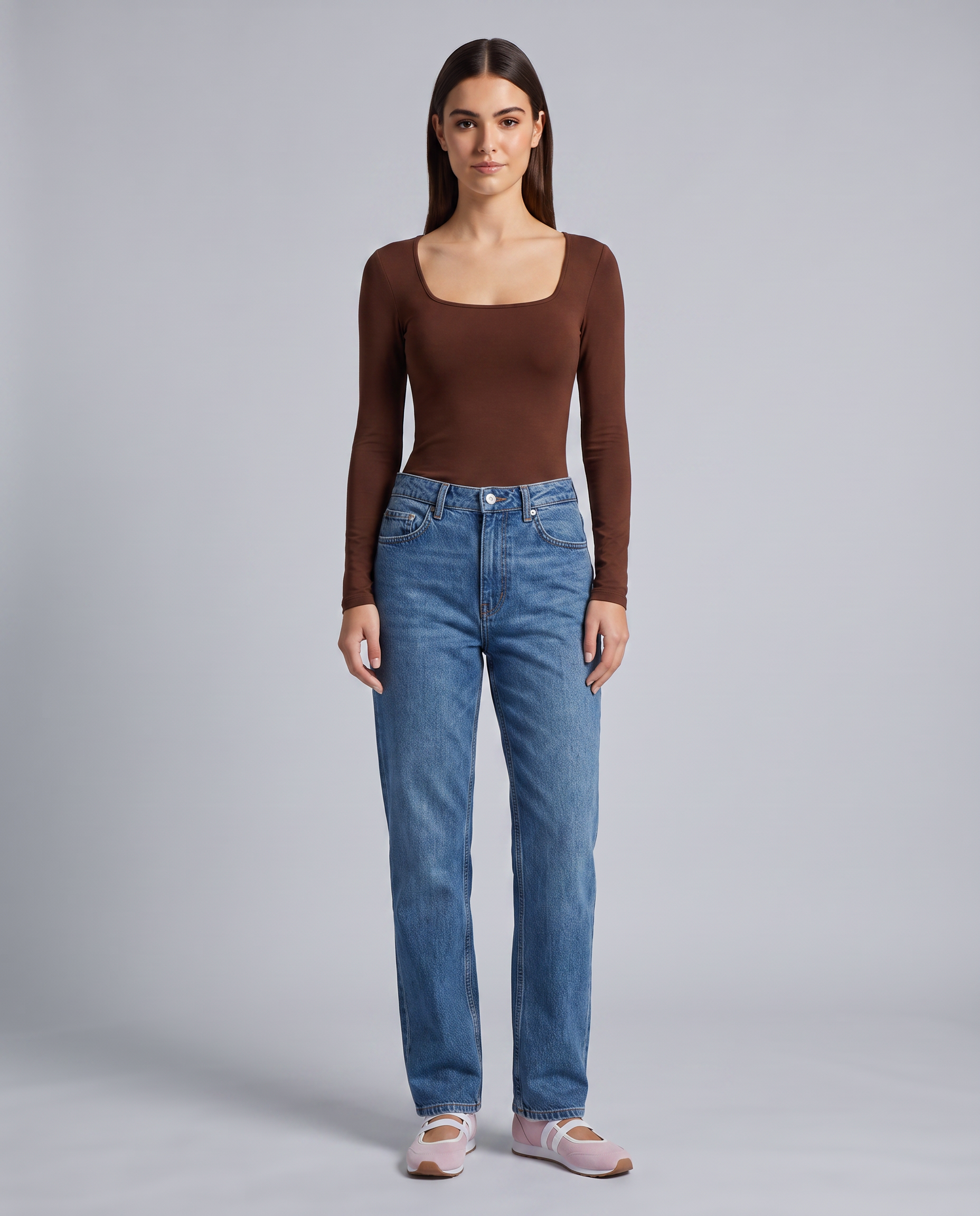 Chocolate Brown Jersey Fitted Top - front view on model