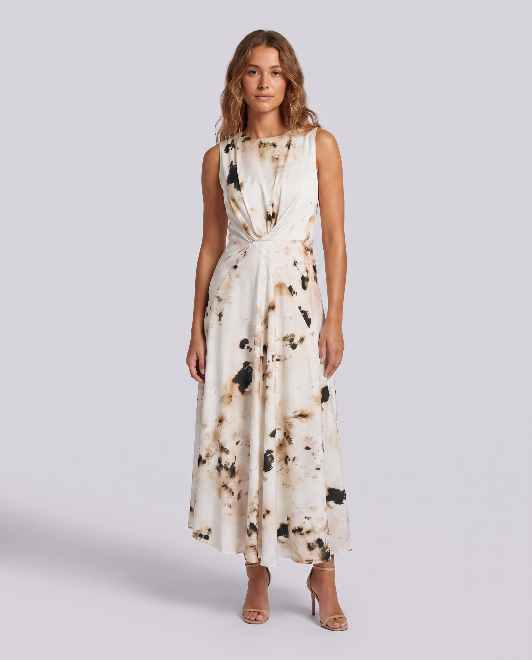Eggshell White Draped Evening Dress - front view on model