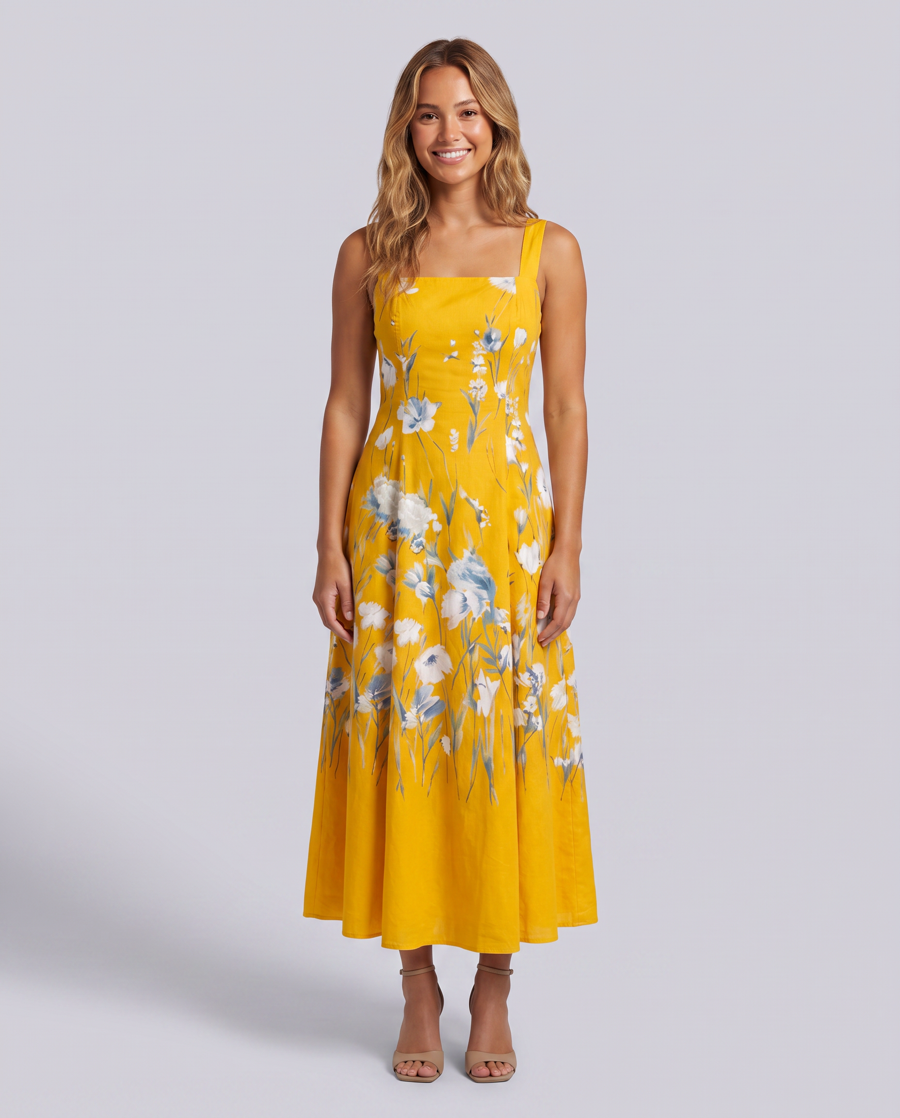 Yellow Floral Printed Square Neck Wide Strap Evening Dress - Hustle N Holla