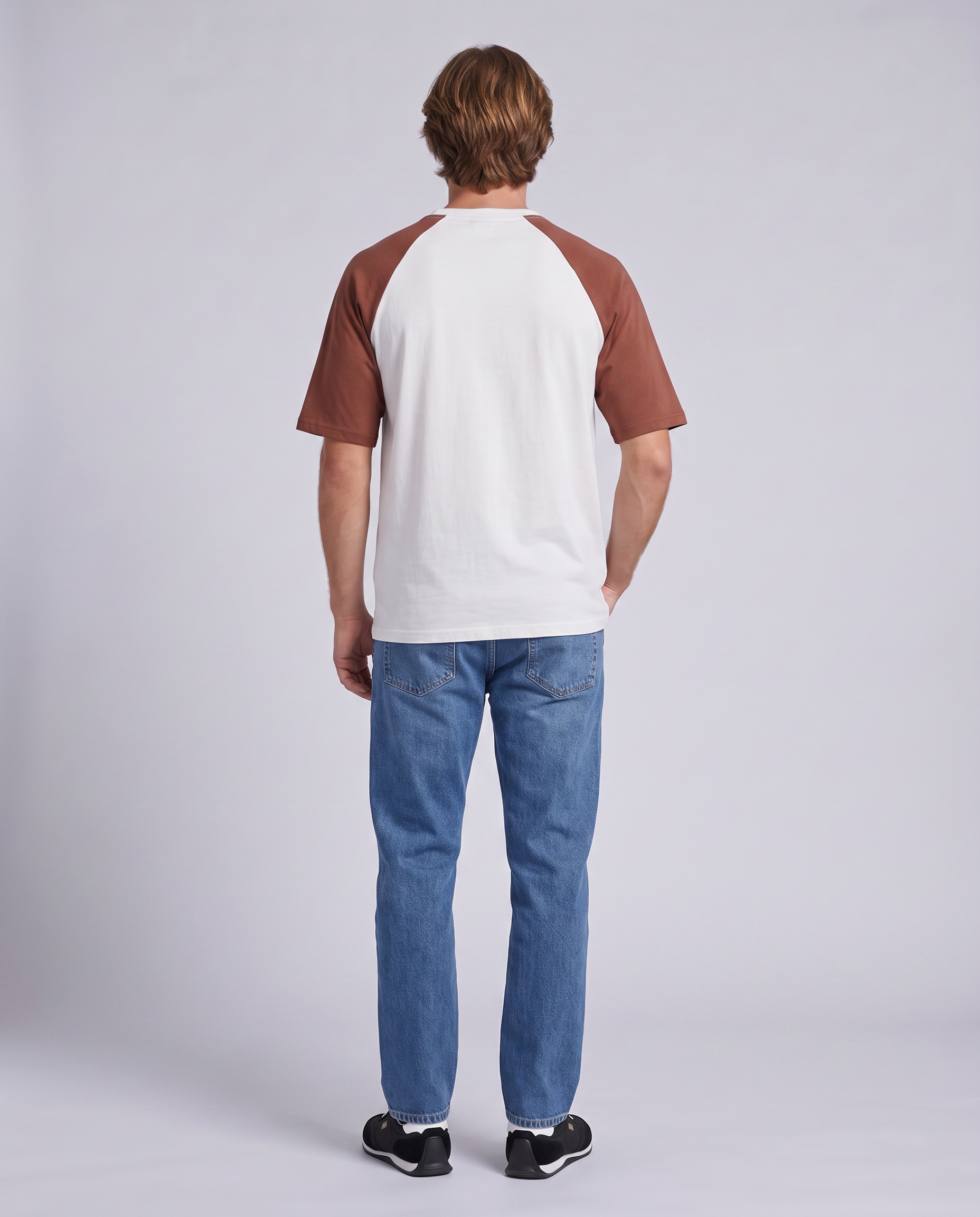 White & Reddish Brown Raglan Graphic T-Shirt - front view on model