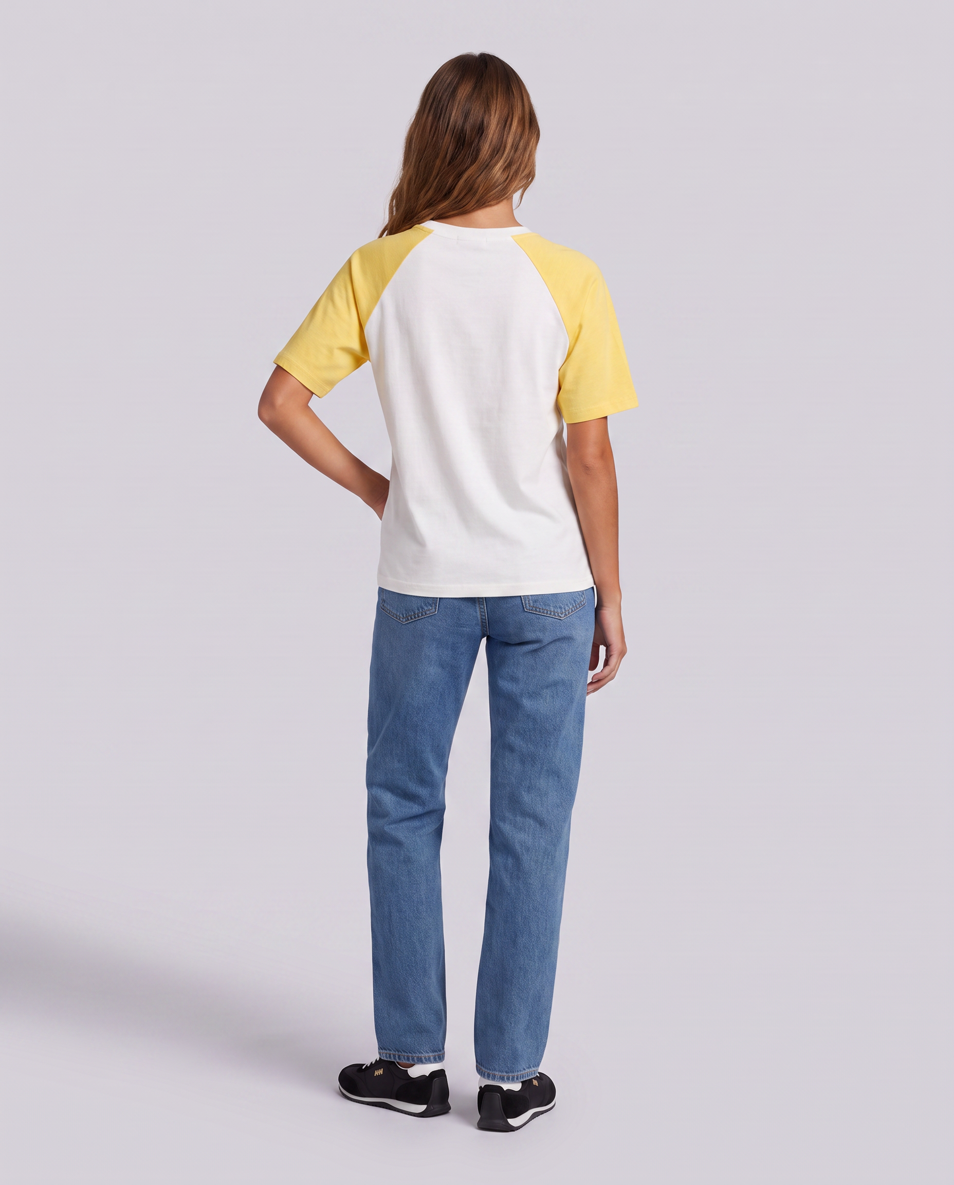 White & Yellow Raglan Graphic T-Shirt - front view on model