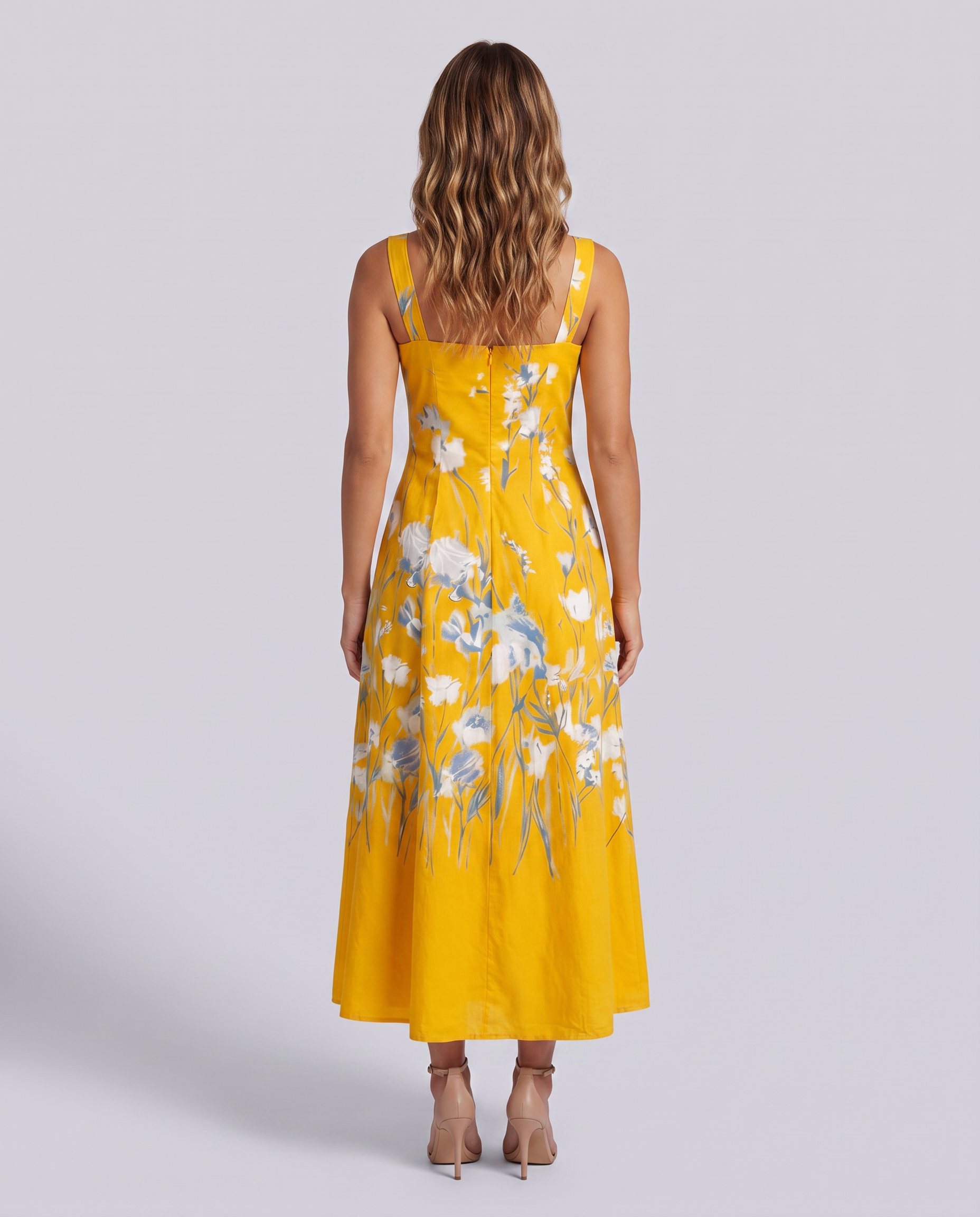 Yellow Floral Printed Square Neck Wide Strap Evening Dress - Hustle N Holla