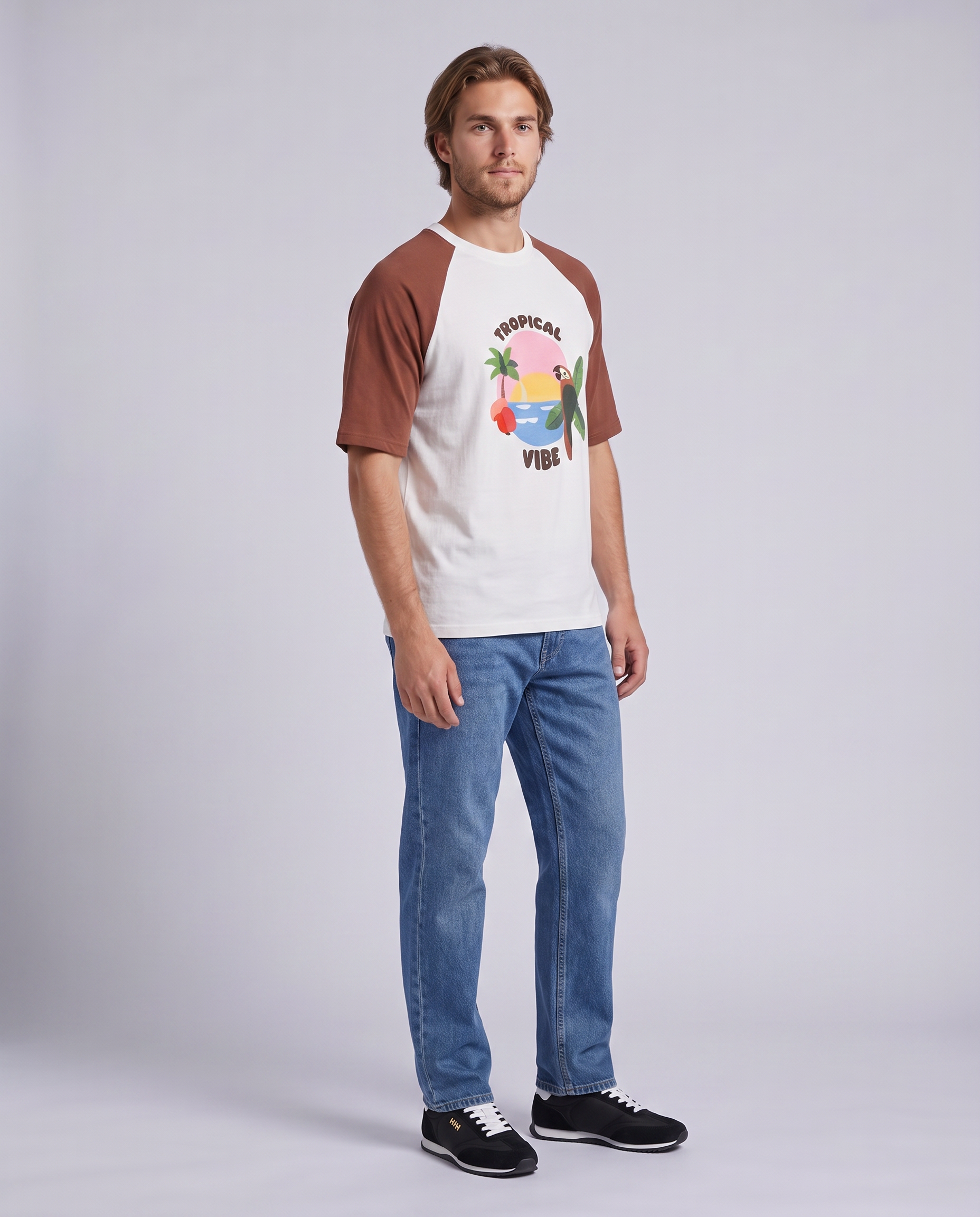 White & Reddish Brown Raglan Boxy Graphic T-Shirt - Hustle N Holla