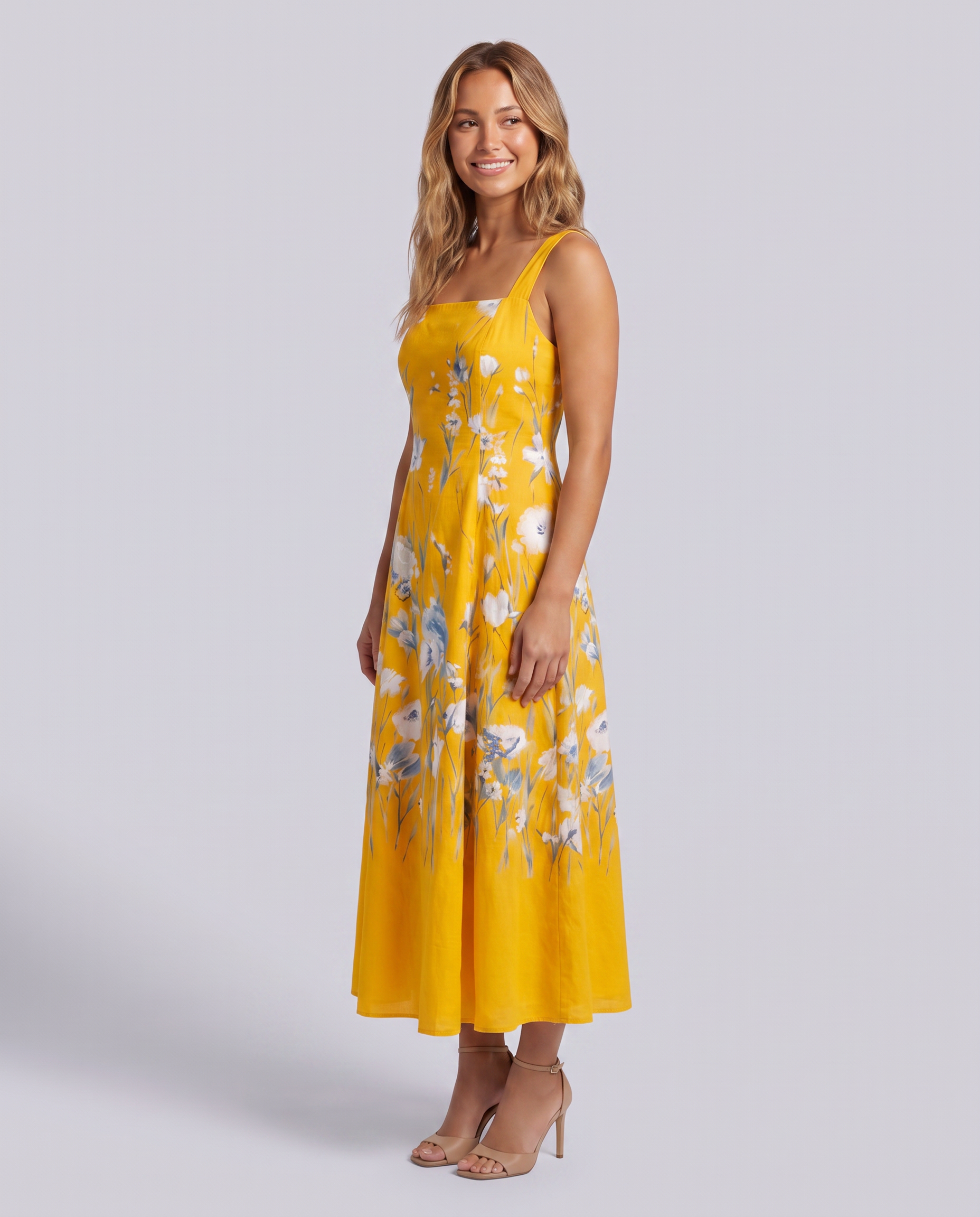 Yellow Floral Printed Square Neck Wide Strap Evening Dress - Hustle N Holla