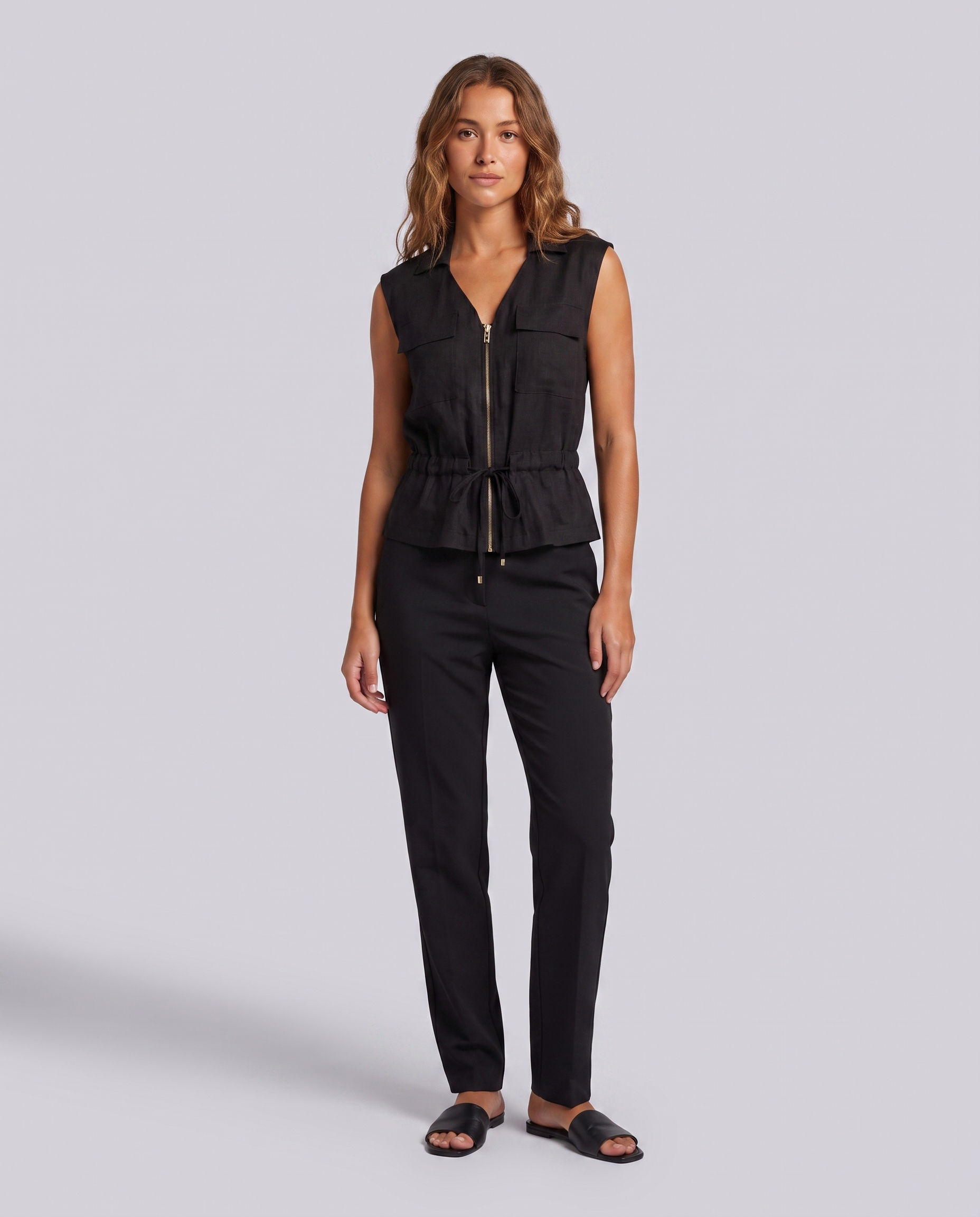 Coal Black Sleeveless Relaxed Fit Linen Top - front view on model
