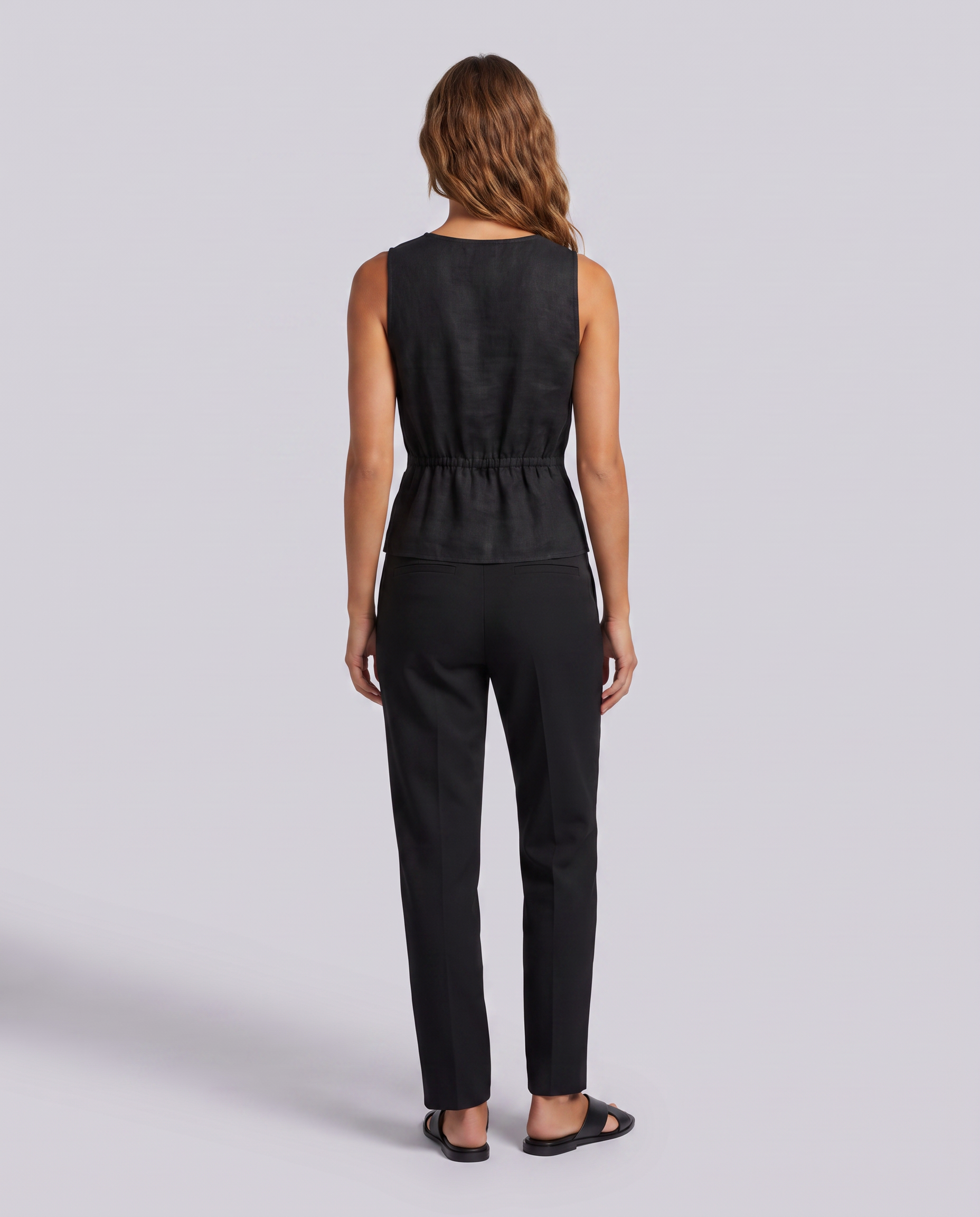 Coal Black Sleeveless Relaxed Fit Linen Top - front view on model