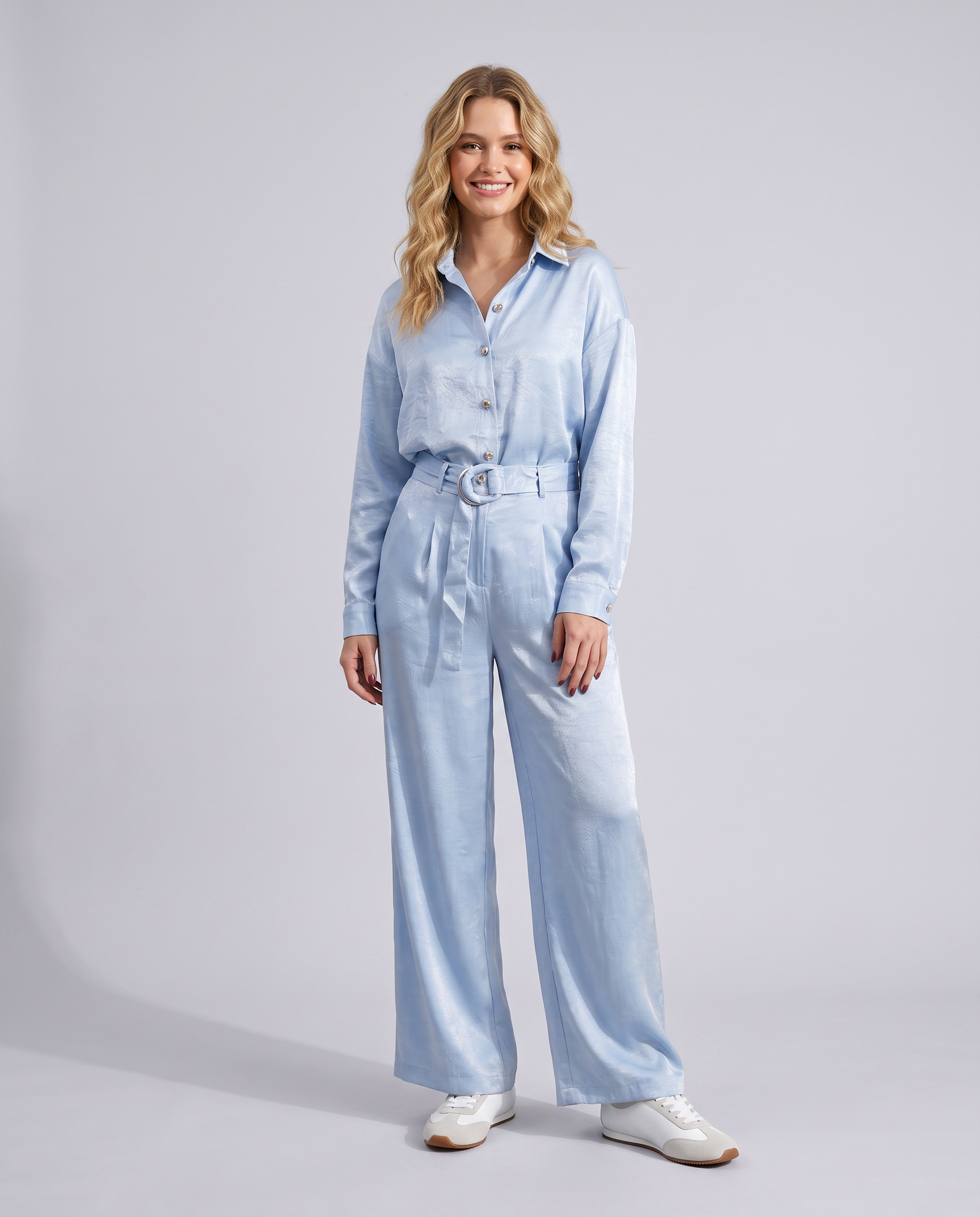 Ice Blue Textured Oversized Button Down Top – front