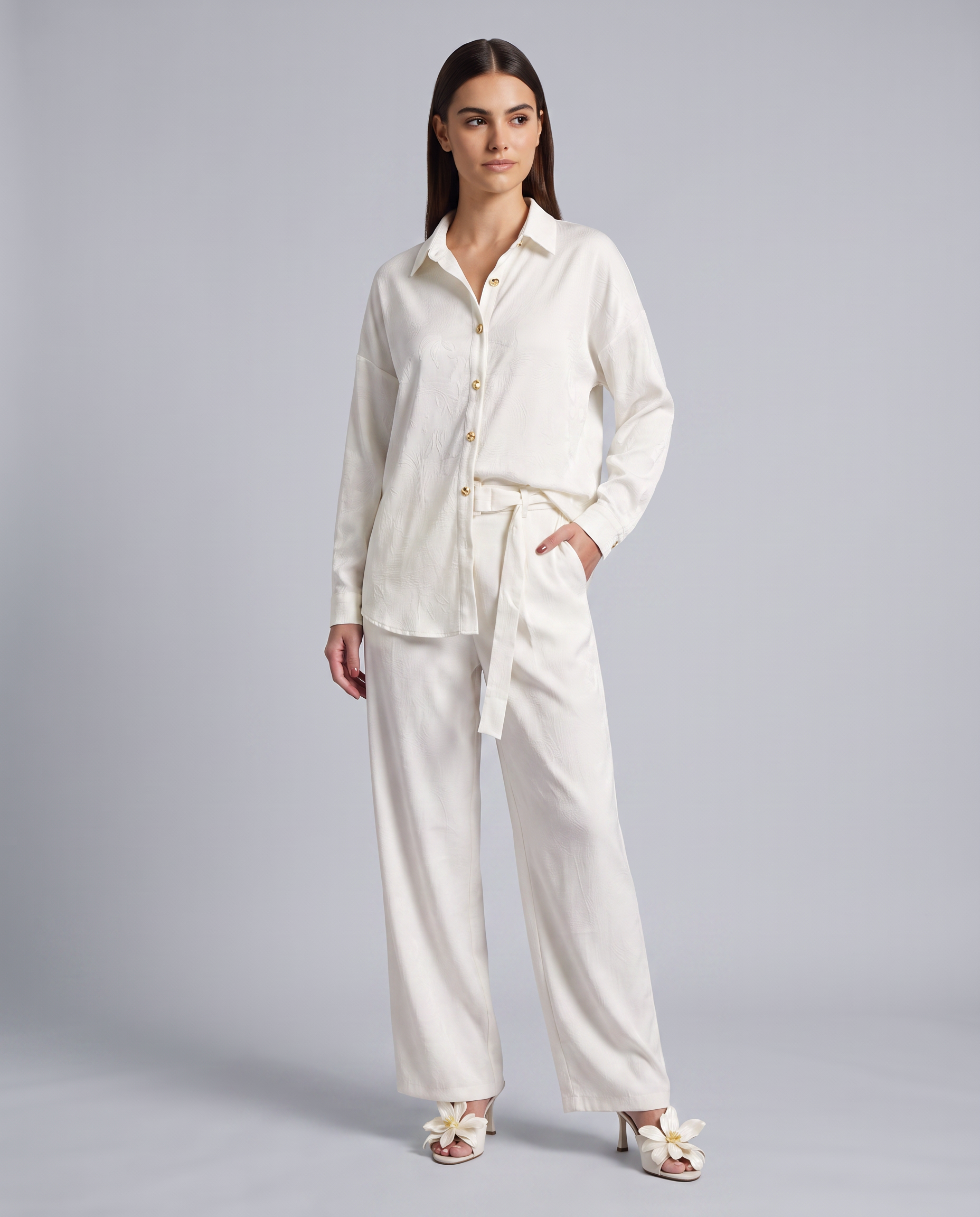 Pearl White Textured Oversized Button Down Top – front