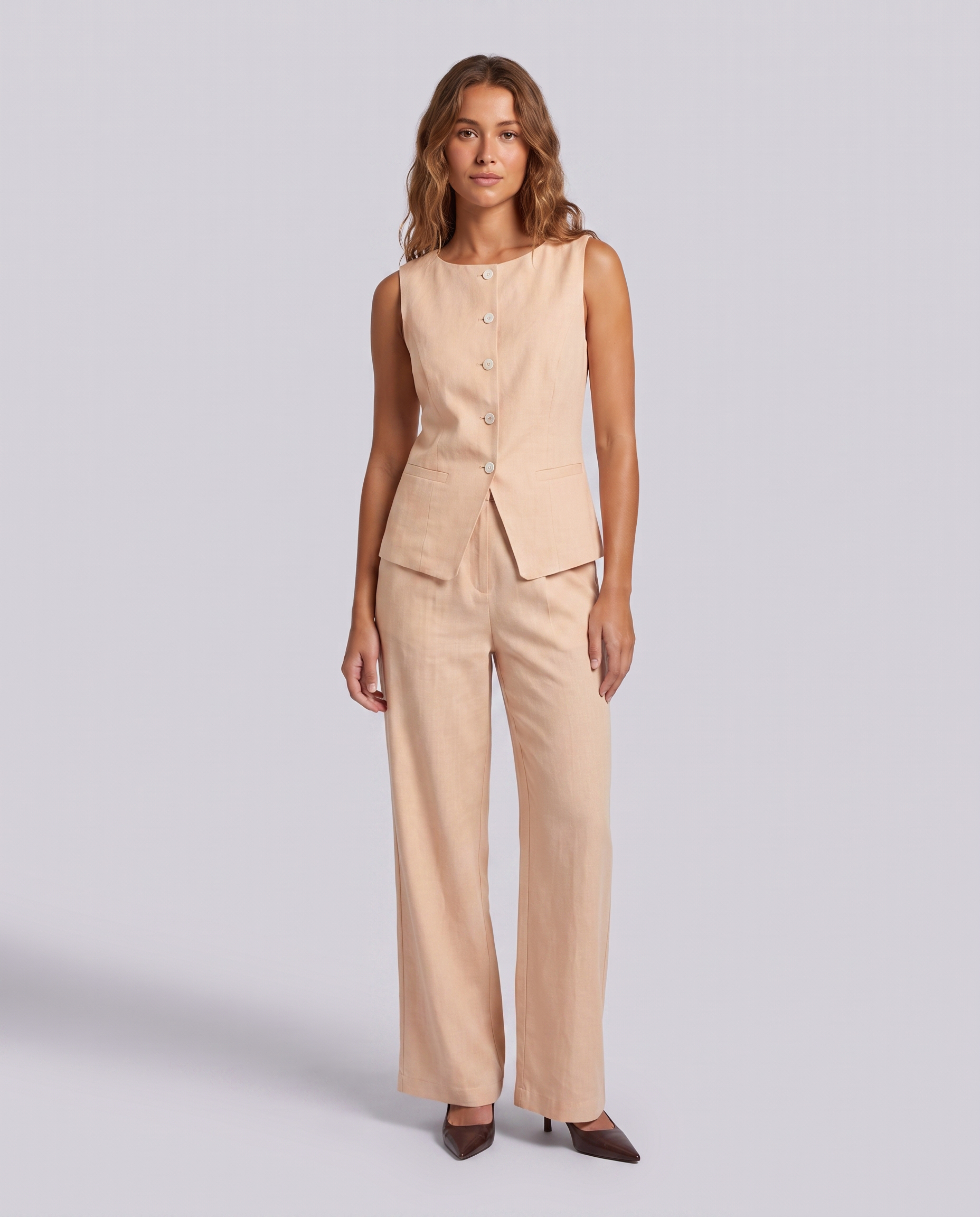 Muted Peach Sleeveless Boat Neck Linen Vest – front