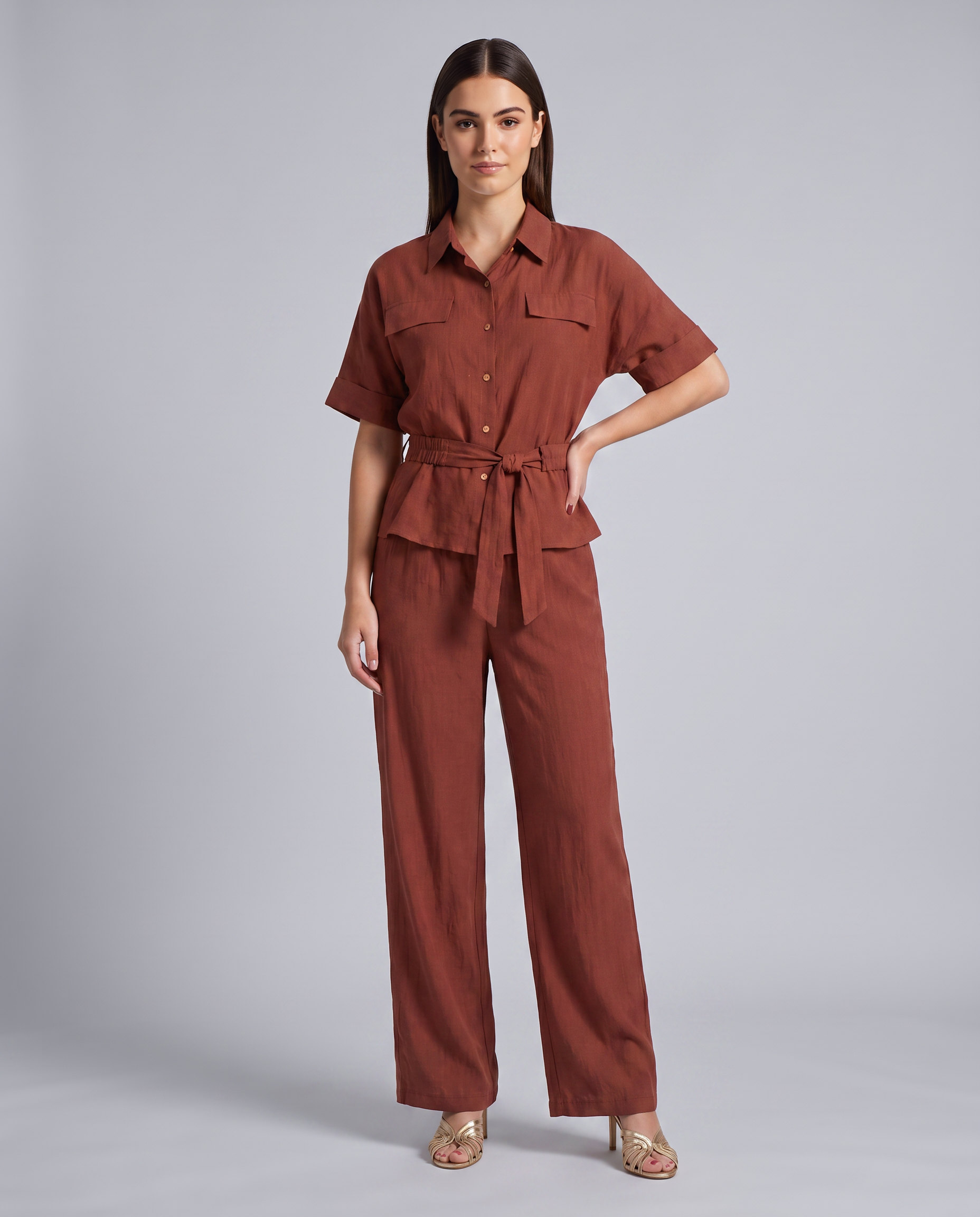 Rust Belted Button Down Regular Fit Shirt – front