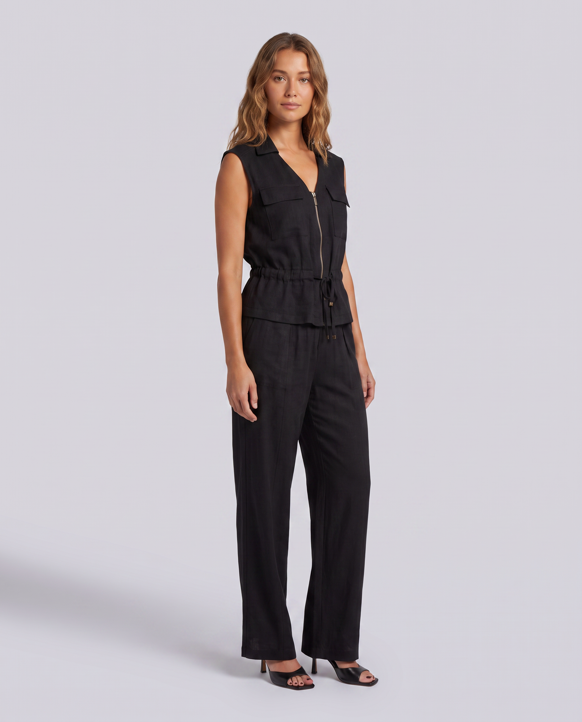 Coal Black Wide Leg Linen Trousers – front