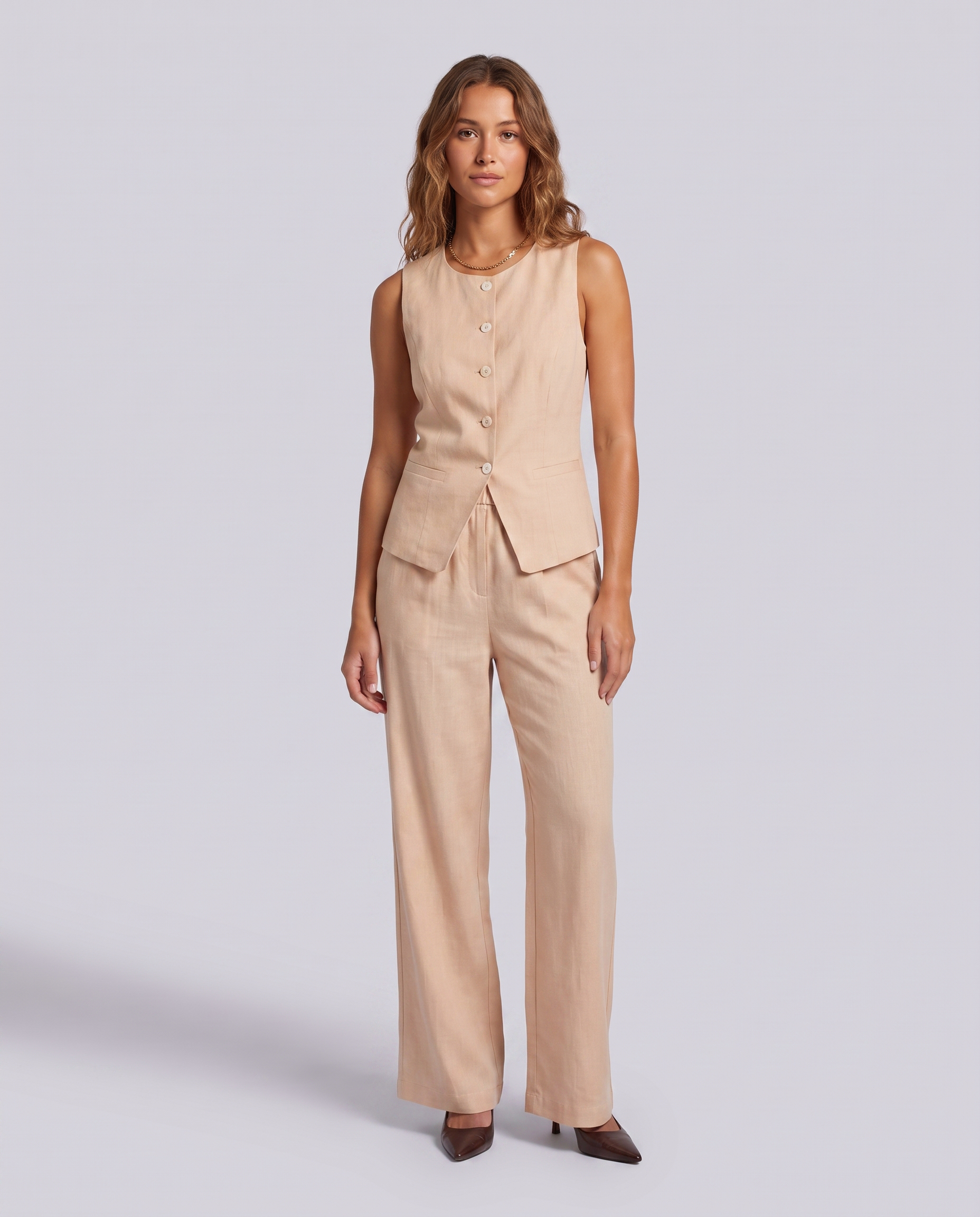 Muted Peach Elasticated Waist Wide Leg Linen Trousers – detail
