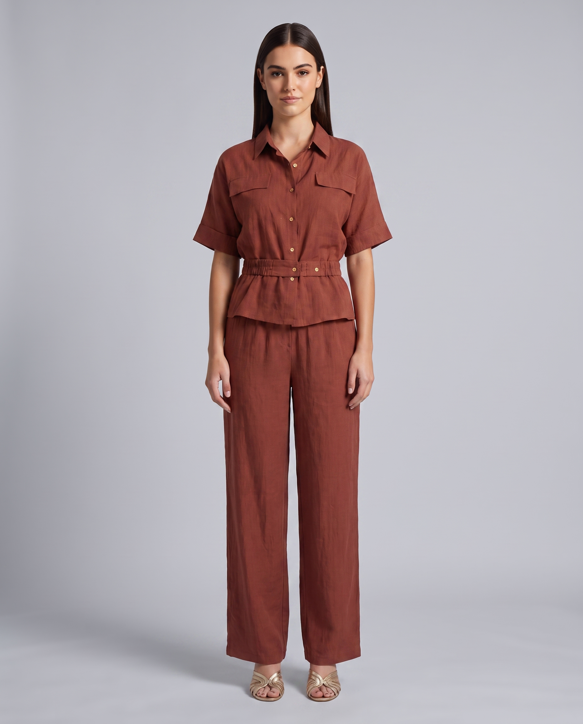 Rust Elasticated Waist Wide Leg Trousers – detail