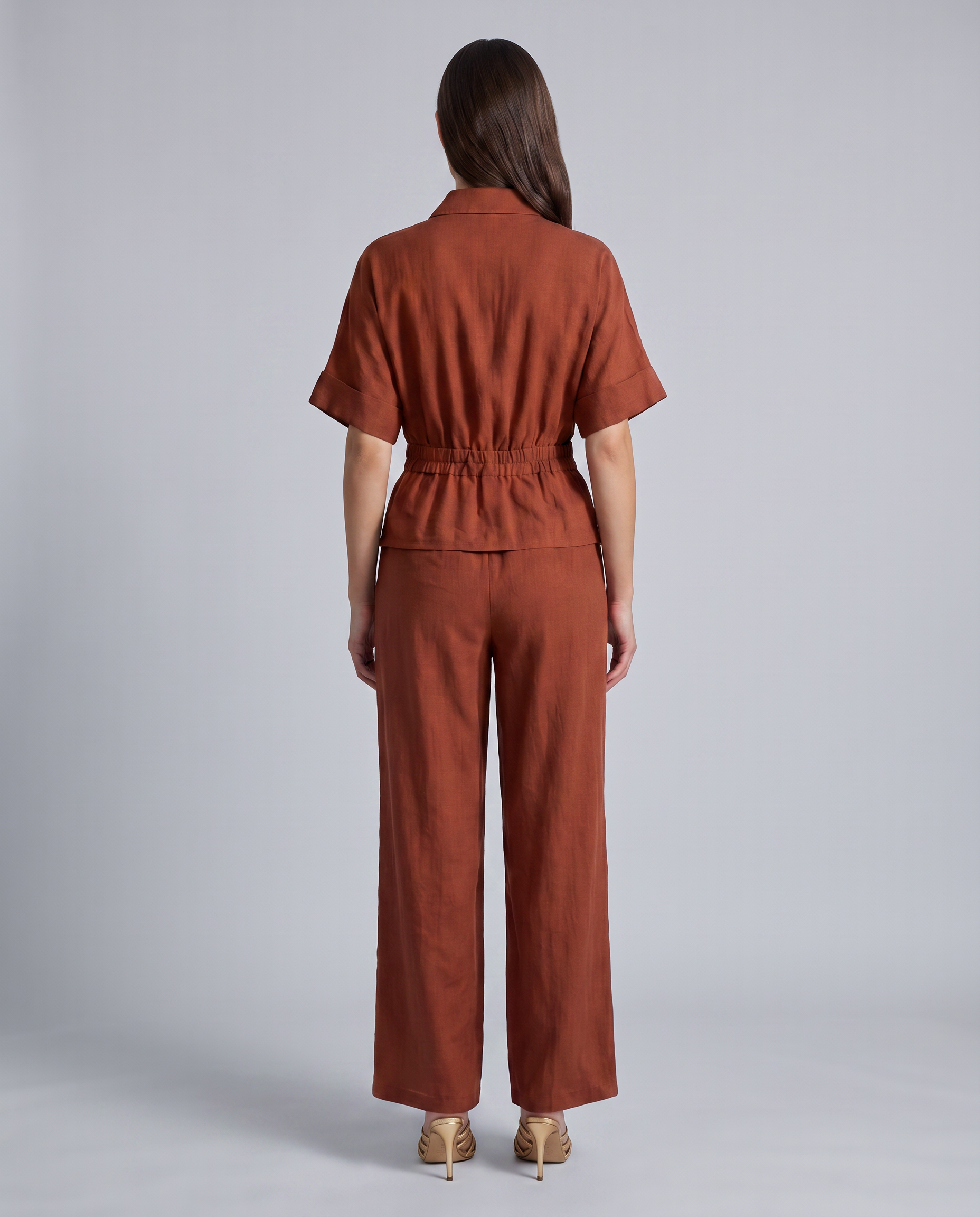 Rust Belted Button Down Regular Fit Shirt – front