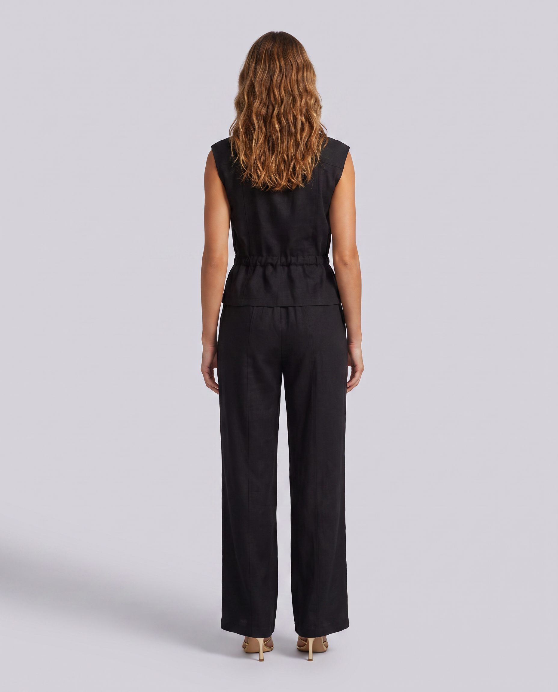 Coal Black Wide Leg Linen Trousers – front