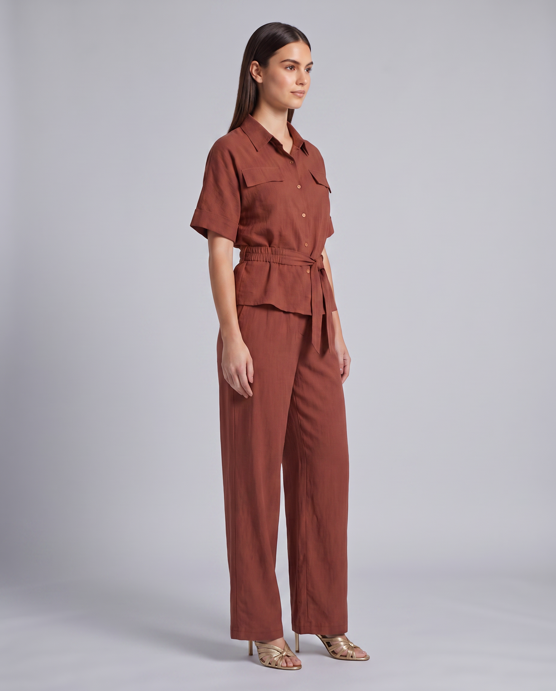 Rust Belted Button Down Regular Fit Shirt - Hustle N Holla