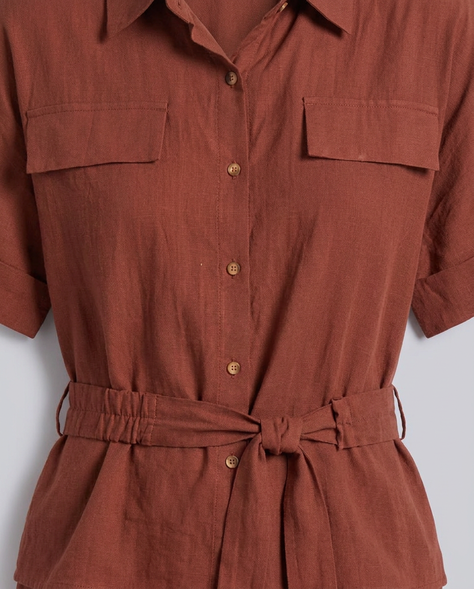 Rust Belted Button Down Regular Fit Shirt - Hustle N Holla