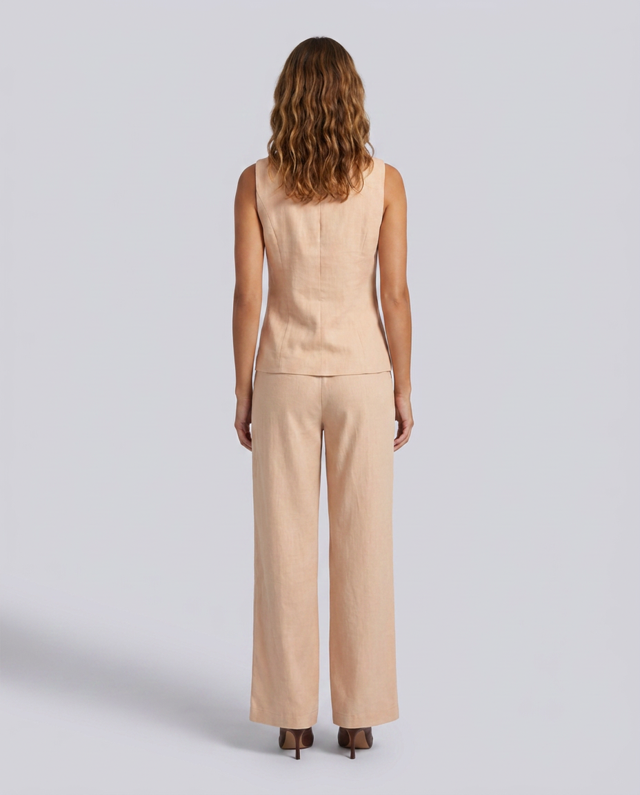 Muted Peach Sleeveless Boat Neck Linen Vest – front