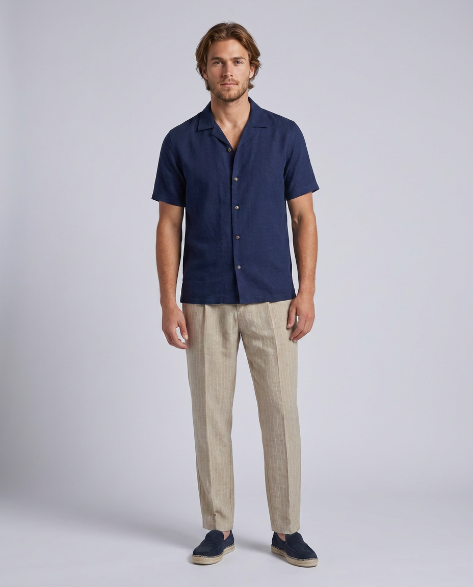 Navy Linen Blend Short Sleeves Shirts - Hustle N Holla