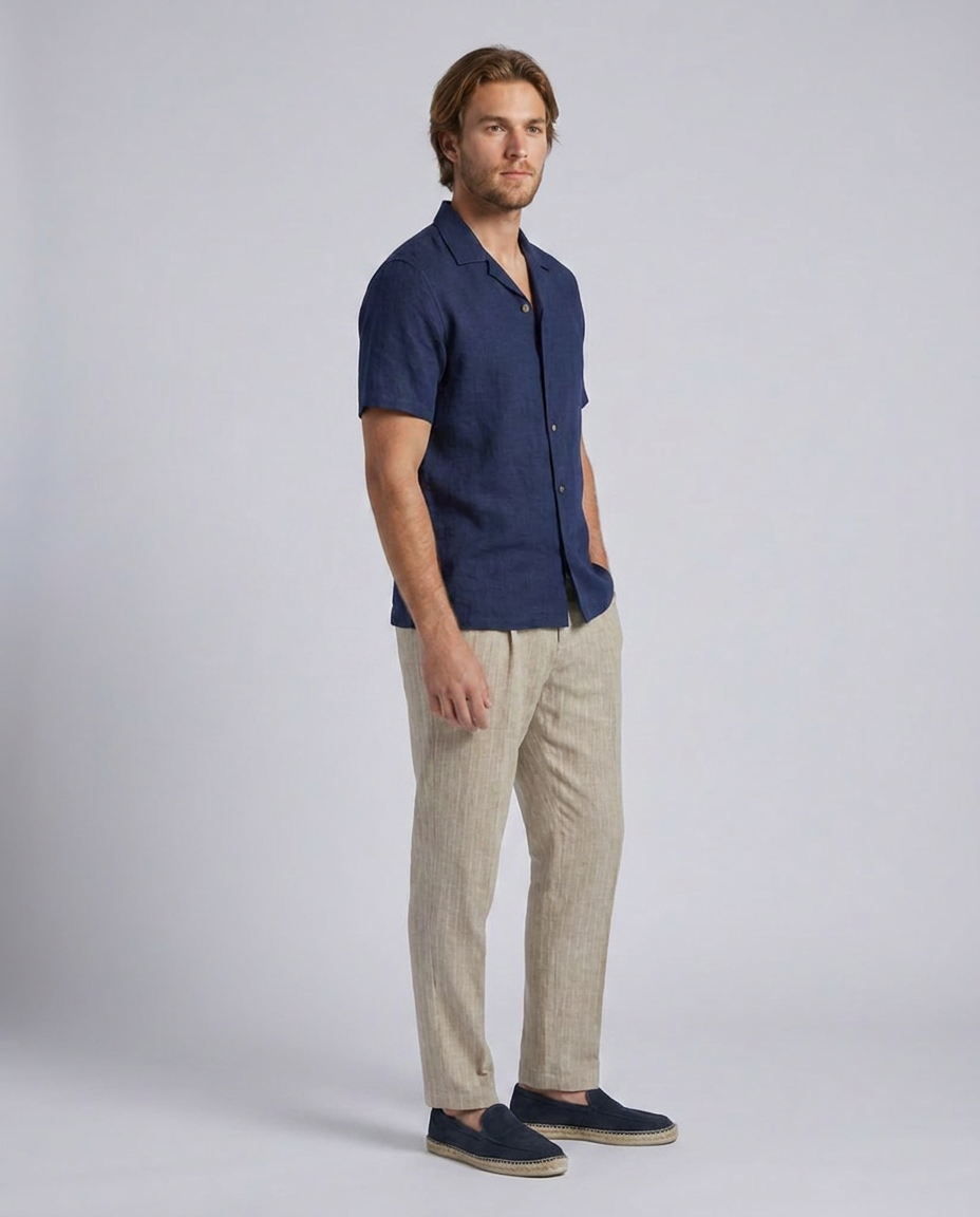 Navy Linen Blend Short Sleeves Shirts - Hustle N Holla