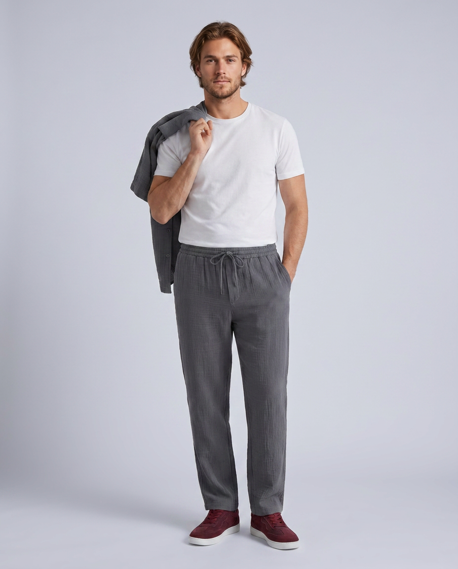 Grey Loose Fit Cheesecloth Trousers