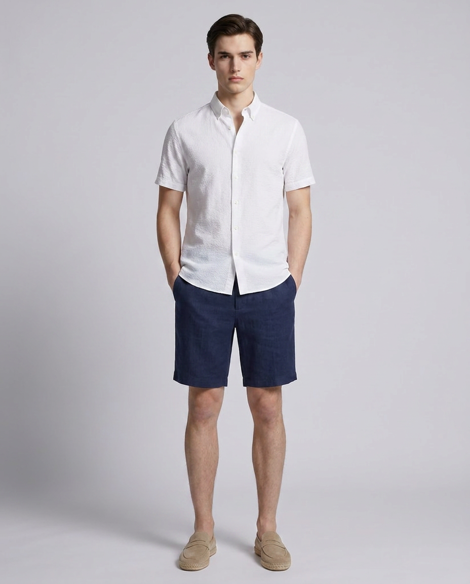 Navy Linen Blend Straight Fit Board Shorts
