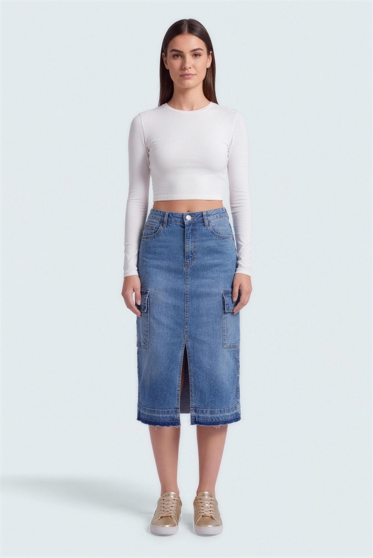 Mid Blue Denim Midi Skirt with Cargo Pockets - Hustle N Holla