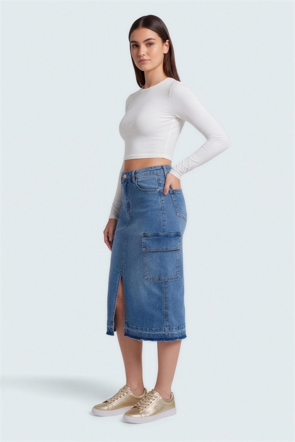 Mid Blue Denim Midi Skirt with Cargo Pockets - Hustle N Holla