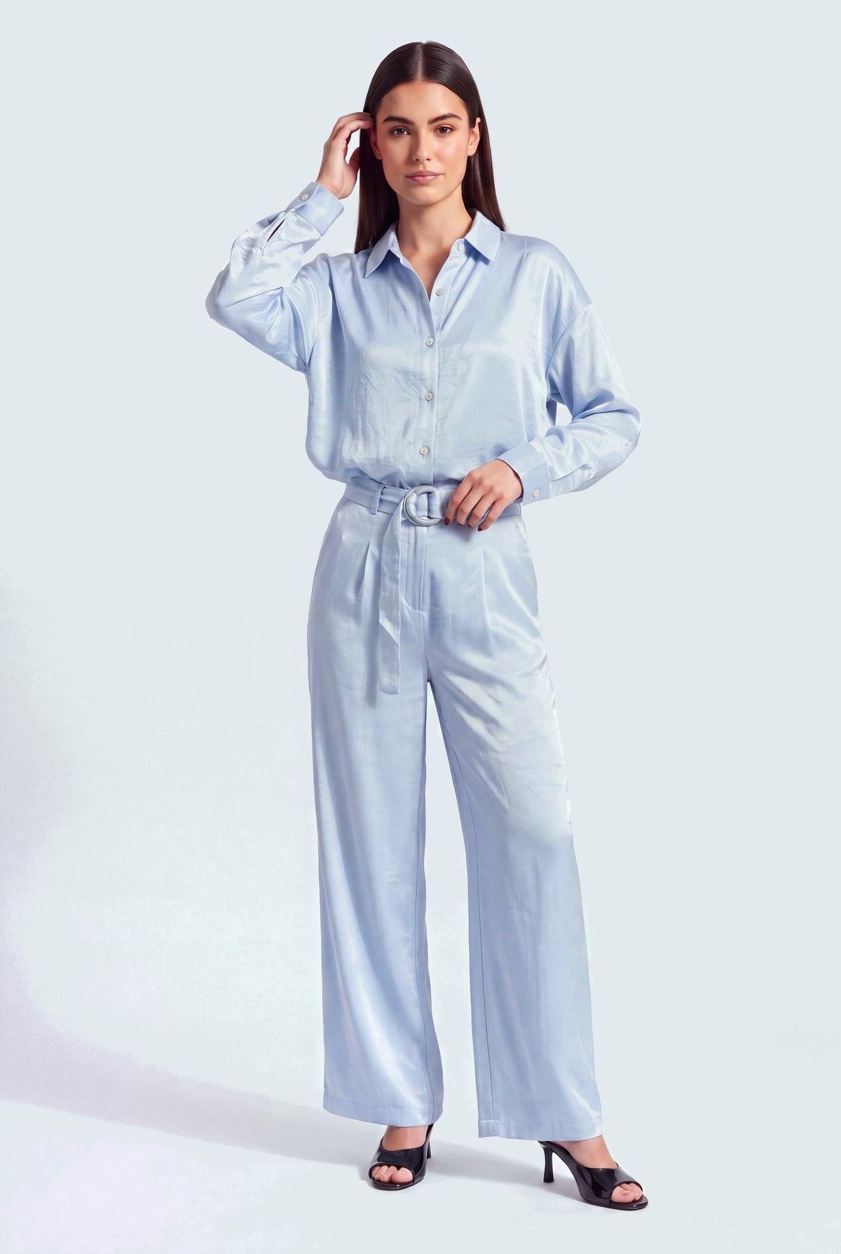 Ice Blue Textured Oversized Button Down Top - Hustle N Holla
