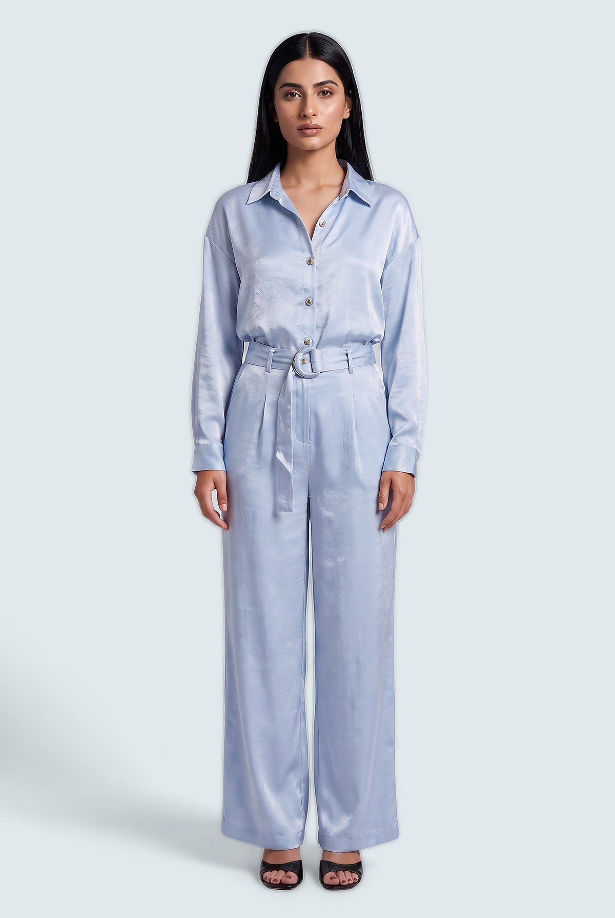 Ice Blue Wide Leg Tailored Trousers - Front View - Hustle N Holla