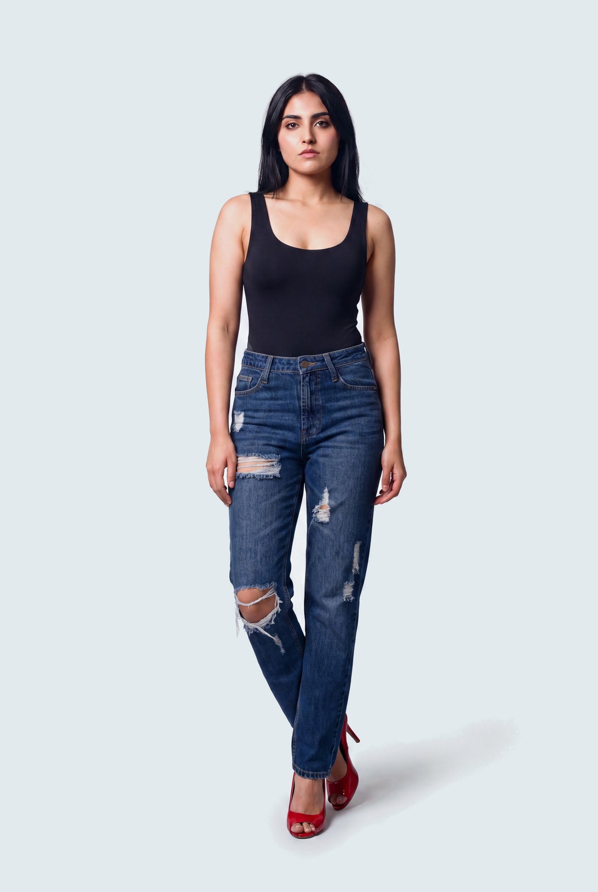 Indigo Wash Denim Five Pocket Ripped Skinny Jeans - Hustle N Holla