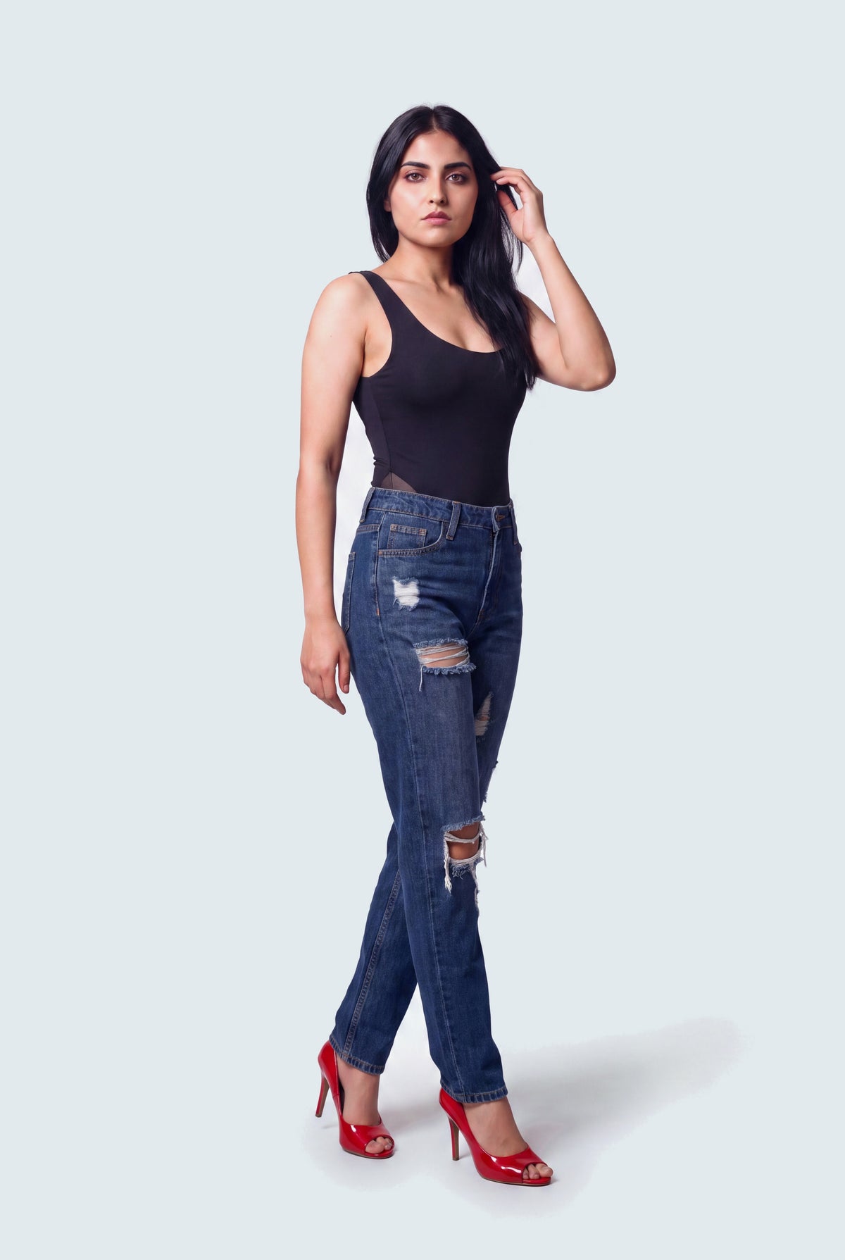 Indigo Wash Denim Five Pocket Ripped Skinny Jeans - Hustle N Holla
