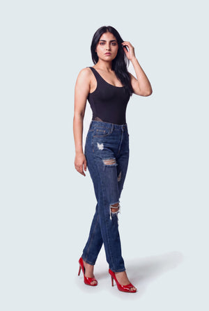 Indigo Wash Denim Five Pocket Ripped Skinny Jeans - Hustle N Holla