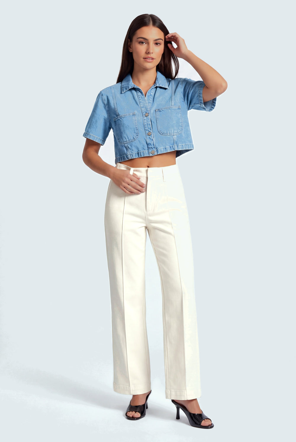 Light Blue Relaxed Fit Crop Denim Shirt - Hustle N Holla