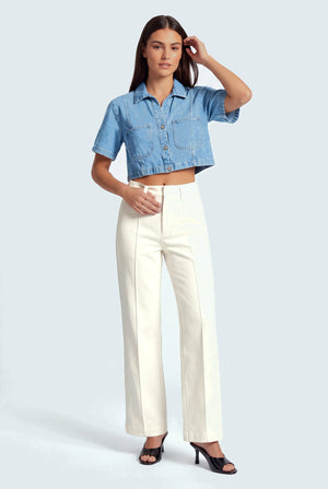 Light Blue Relaxed Fit Crop Denim Shirt - Hustle N Holla