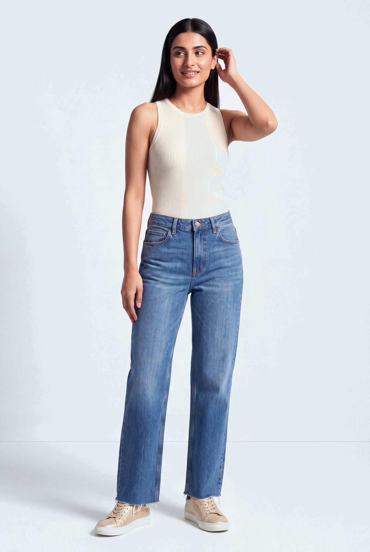 Mid Blue Mid Rise Raw Hem Straight Fit Jeans - Hustle N Holla
