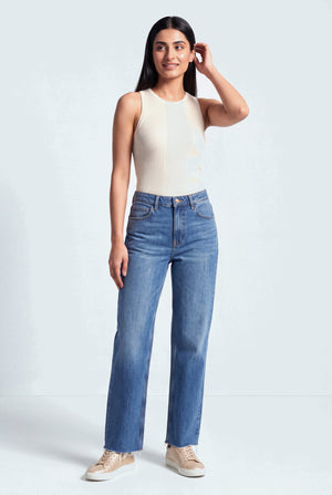 Mid Blue Mid Rise Raw Hem Straight Fit Jeans - Hustle N Holla