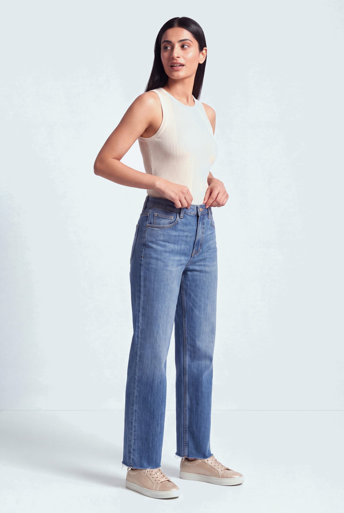 Mid Blue Mid Rise Raw Hem Straight Fit Jeans - Hustle N Holla