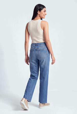 Mid Blue Mid Rise Raw Hem Straight Fit Jeans - Hustle N Holla