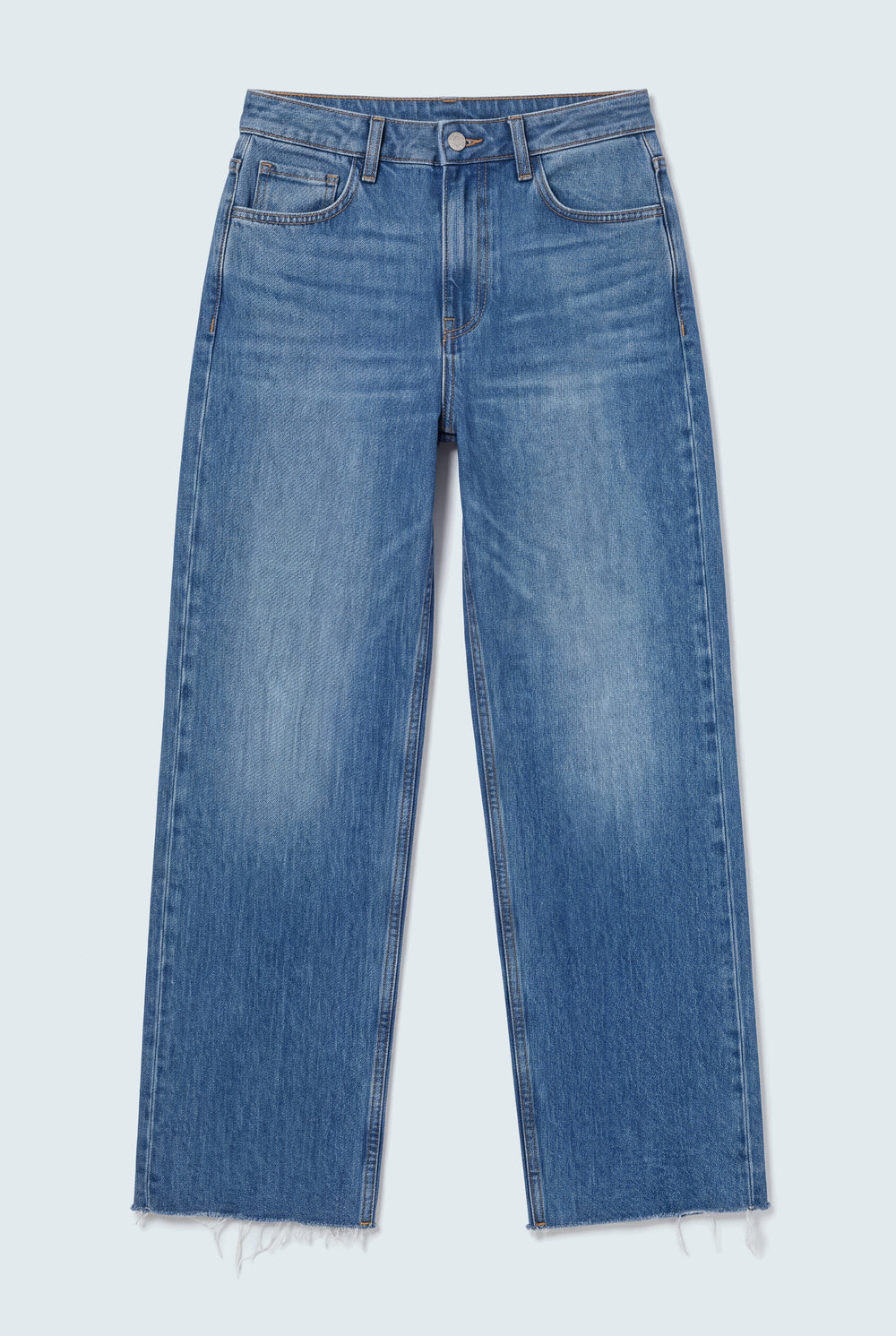 Mid Blue Mid Rise Raw Hem Straight Fit Jeans - Hustle N Holla