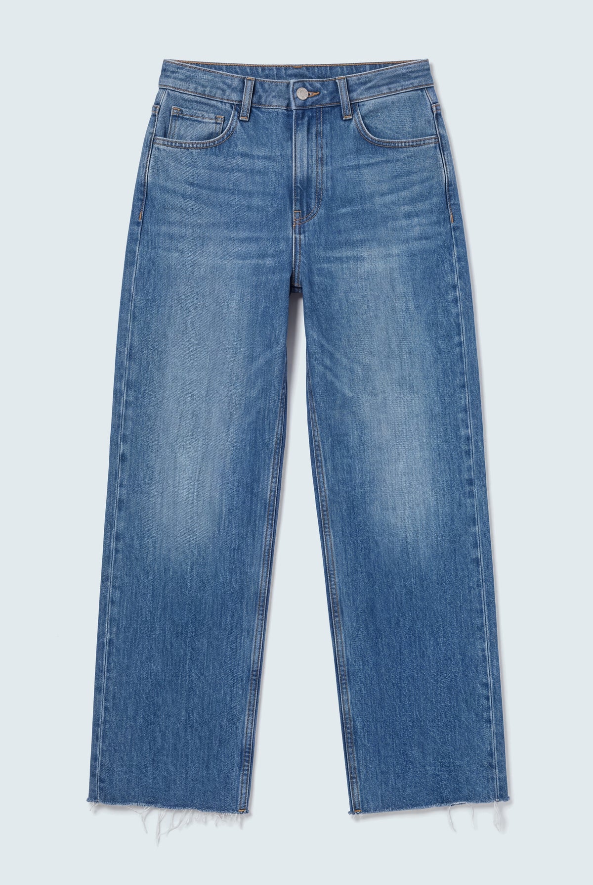 Mid Blue Mid Rise Raw Hem Straight Fit Jeans - Hustle N Holla